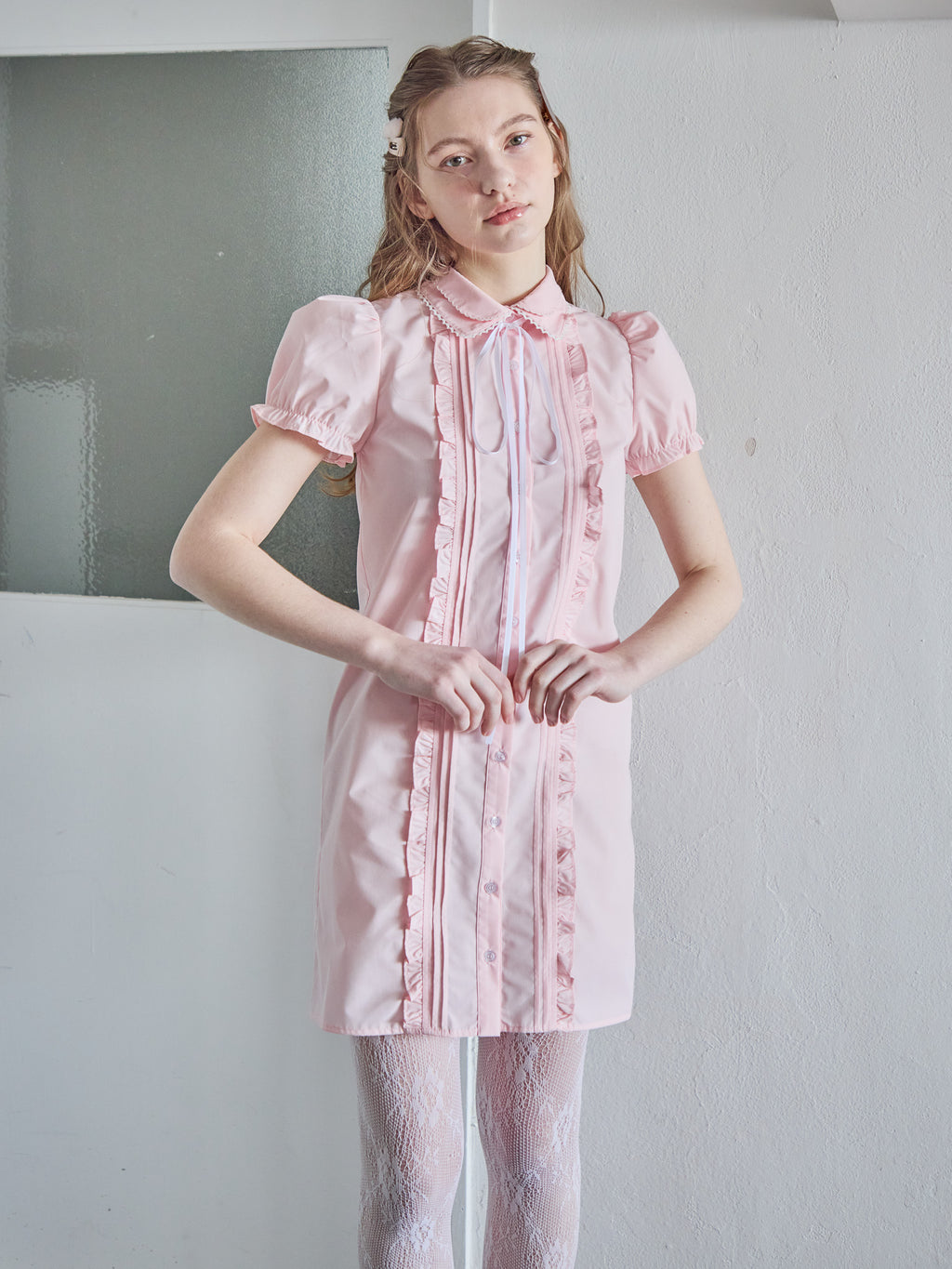 Pintuck mini shirt dress ピンク size:M model:171cm ANIUTA