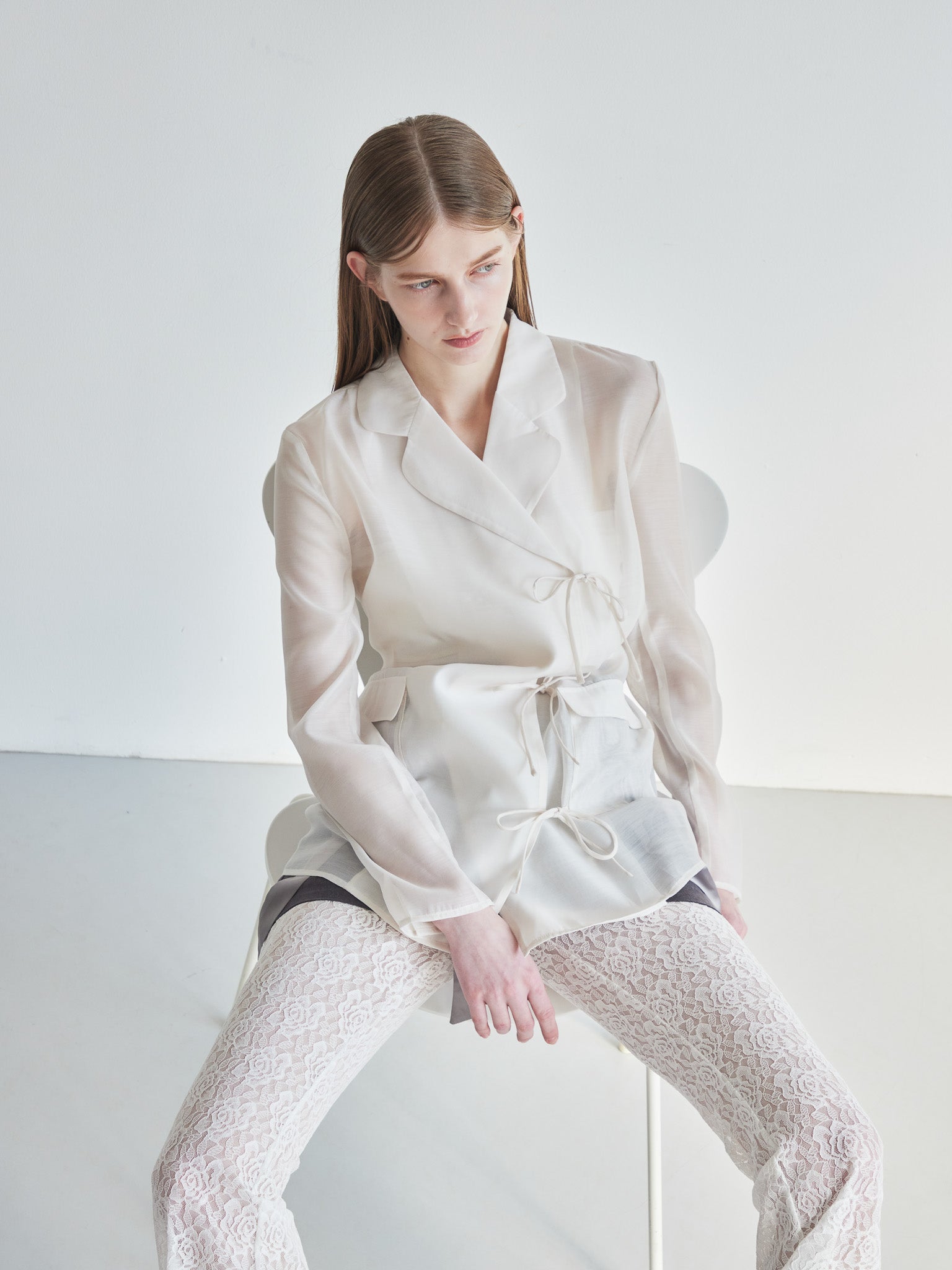 Ribbon sheer jacket アイボリー size:M model:174cm LERA