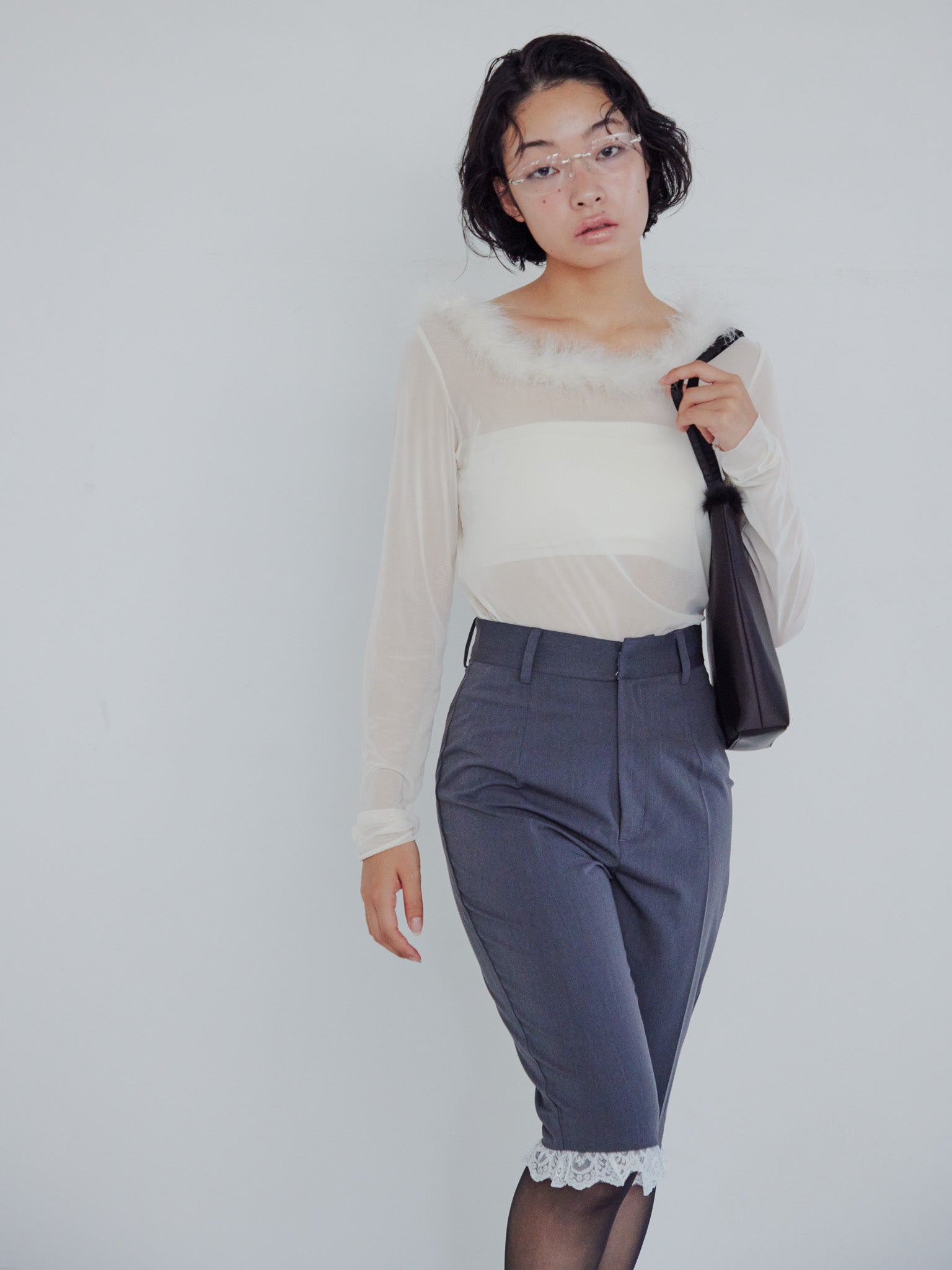Fur trimmed sheer top クリーム size:M model:161cm 富樫かなえ