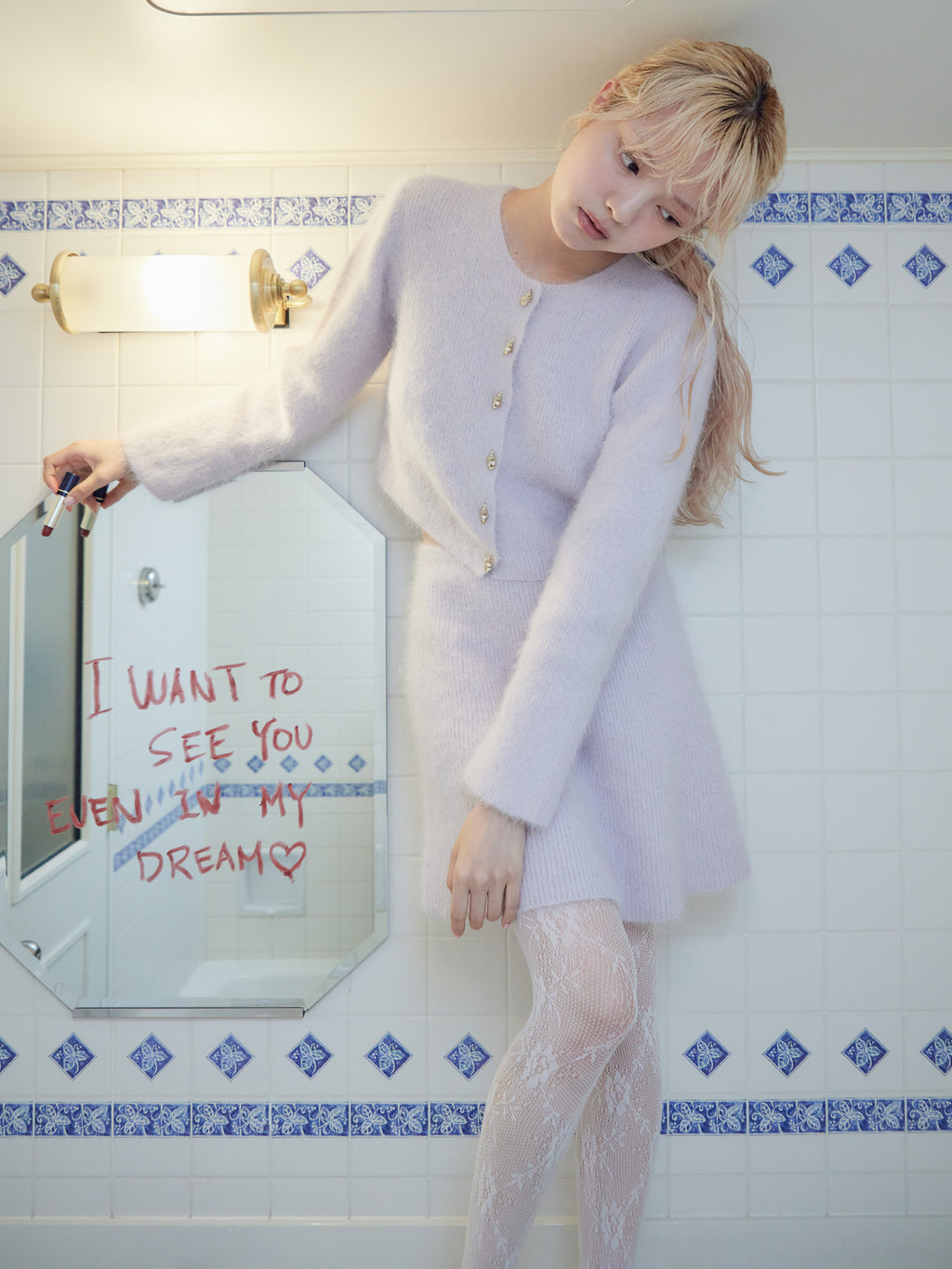 Shell button shaggy cardigan ラベンダー size:M model:163cm MINAMI