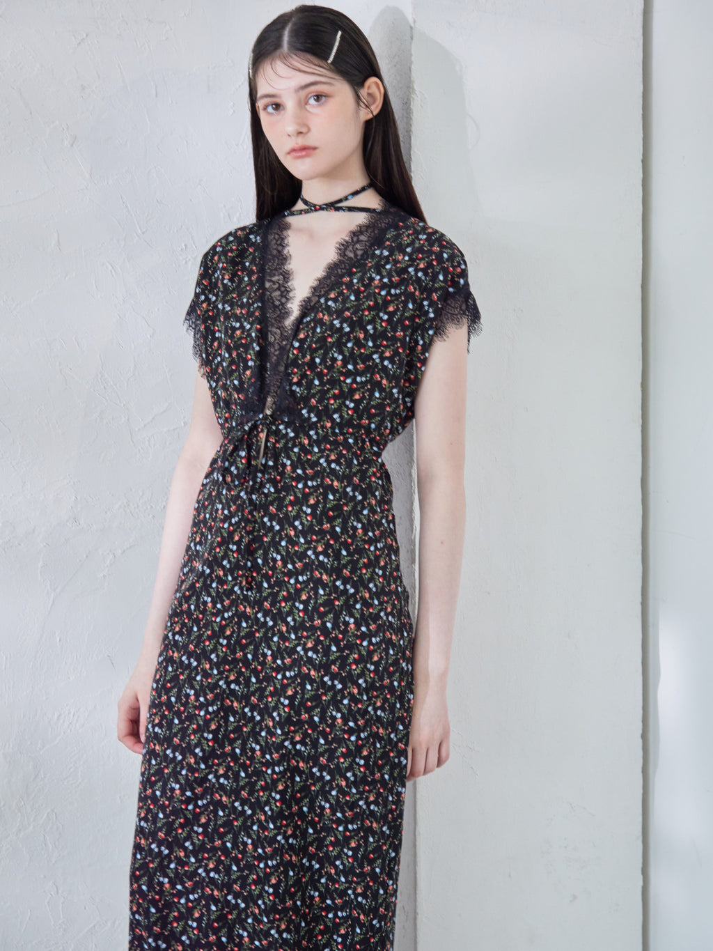 Lace trimming flower dress ブラック size:M model:170cm ALICE