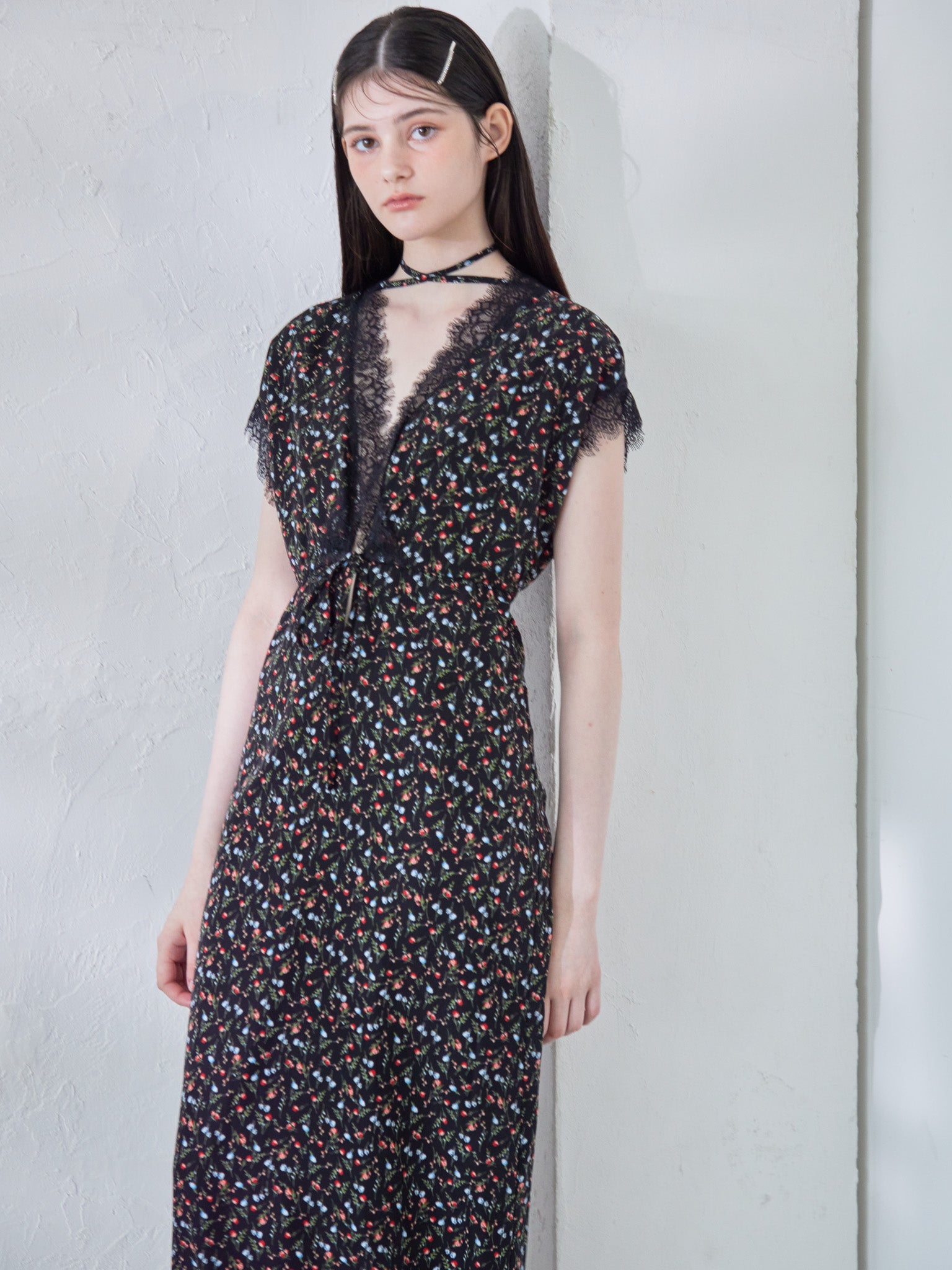 Lace trimming flower dress ブラック size:M model:170cm ALICE