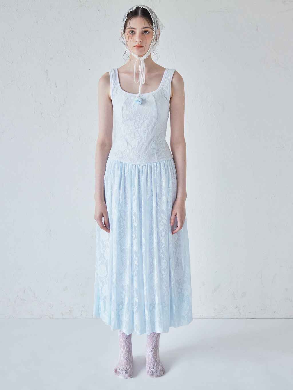 Low switching rose lace dress サックス size:M model:170cm ALICE