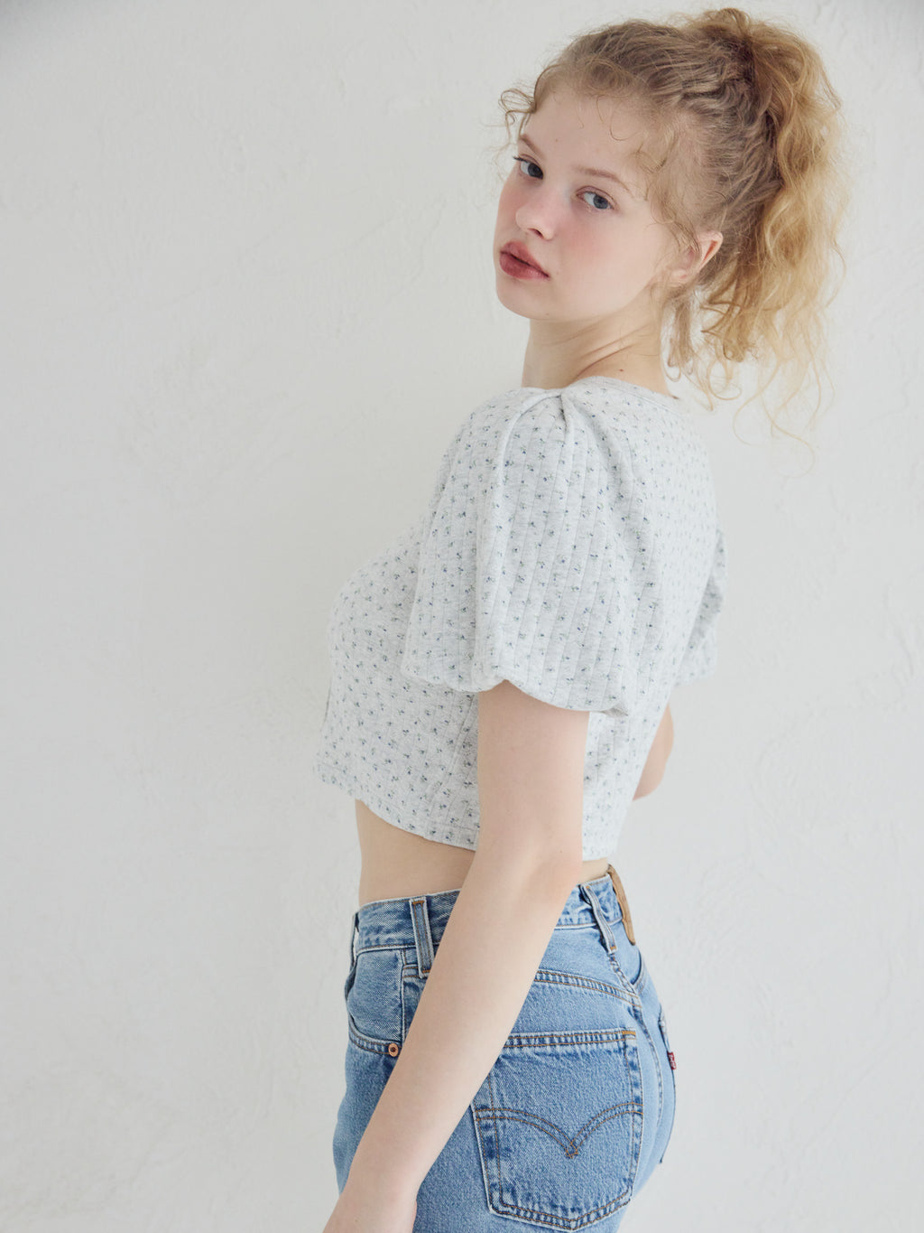Tulle hem small floral print cardigan グレー size:M model:173cm Olesia