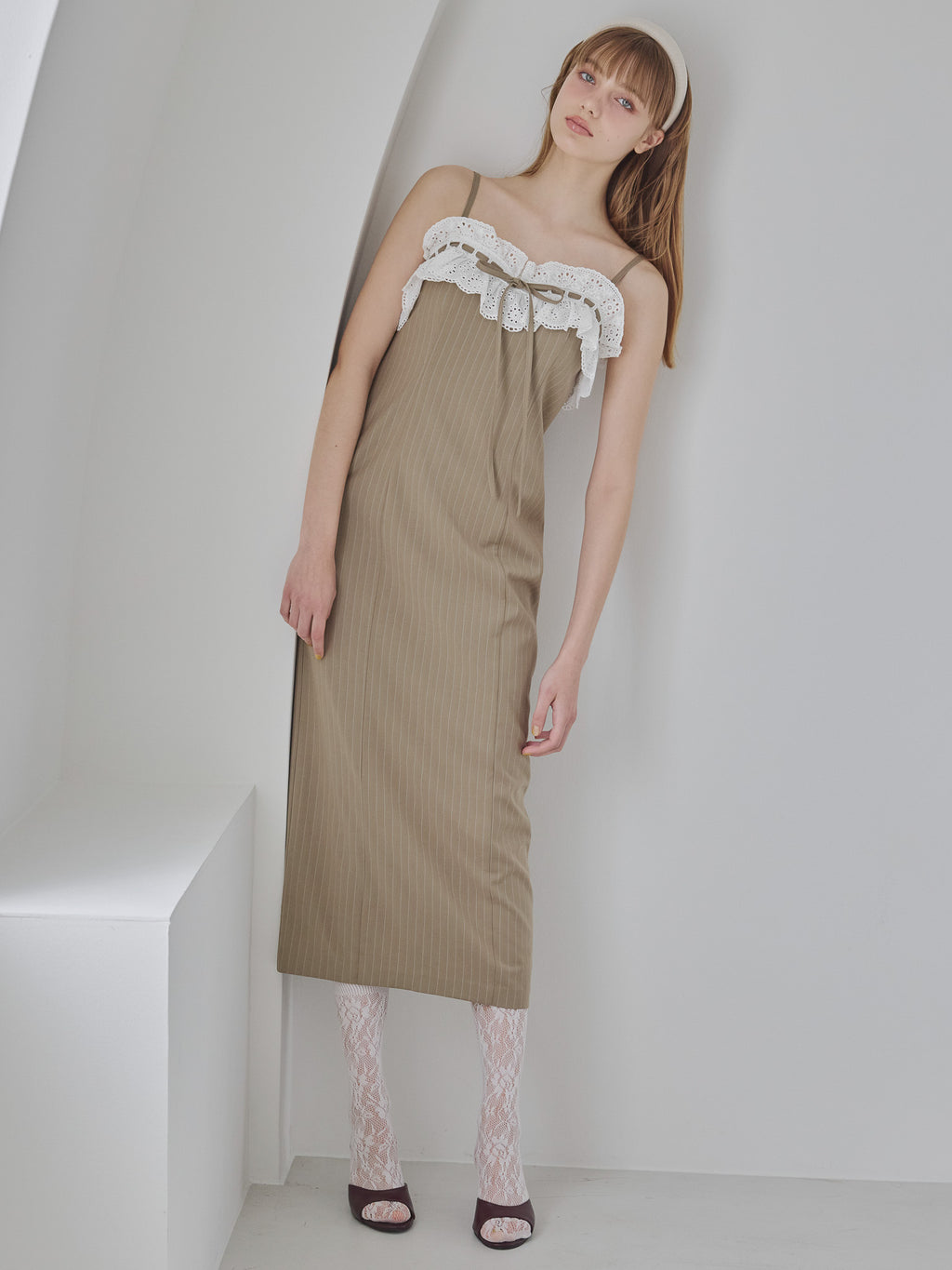 Lace ribbon stripe tight dress オリーブ size:M model:175cm MARTA