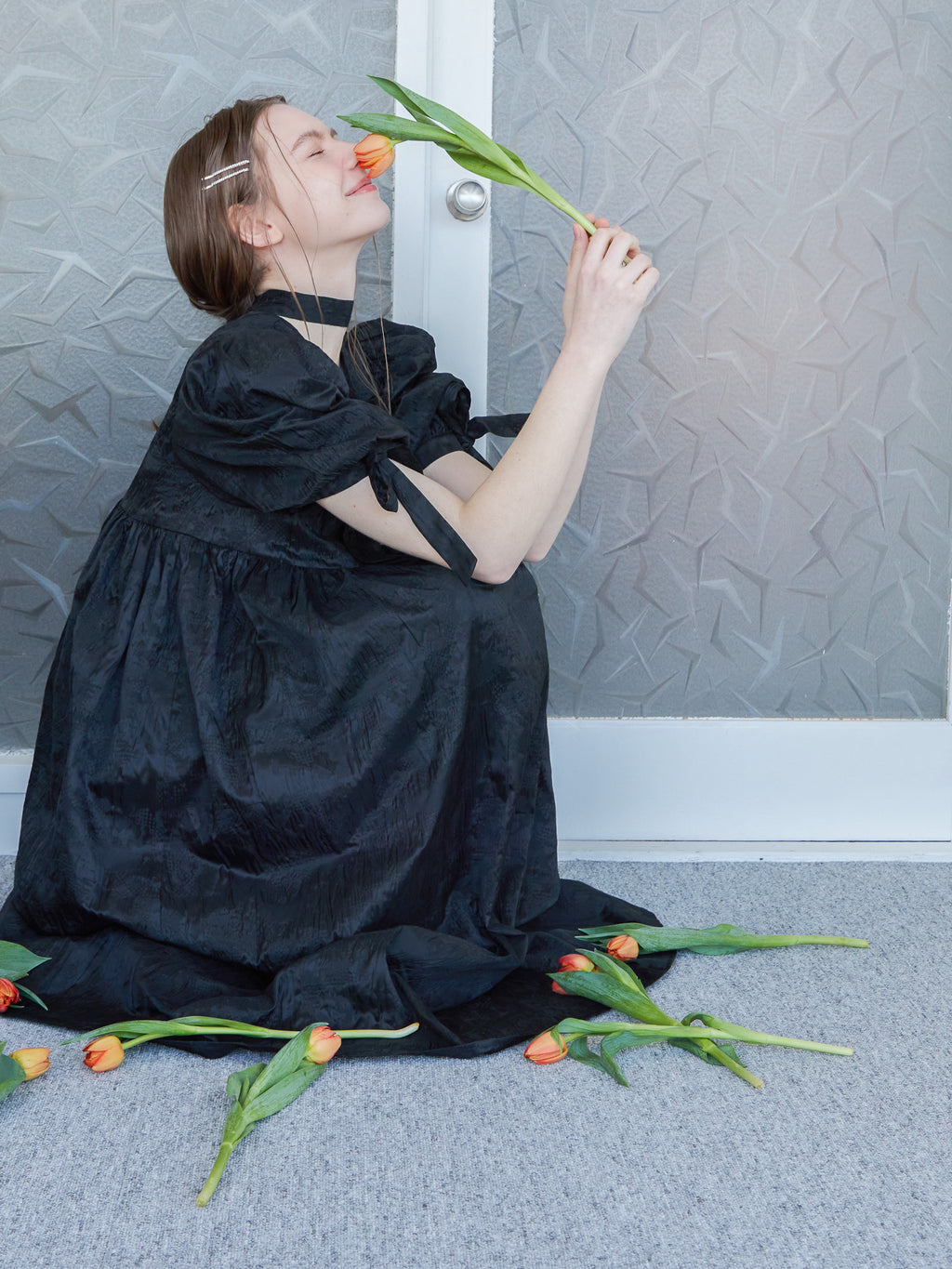 Ribbon jaquard volume dress ブラック size:M model:171cm ANIUTA