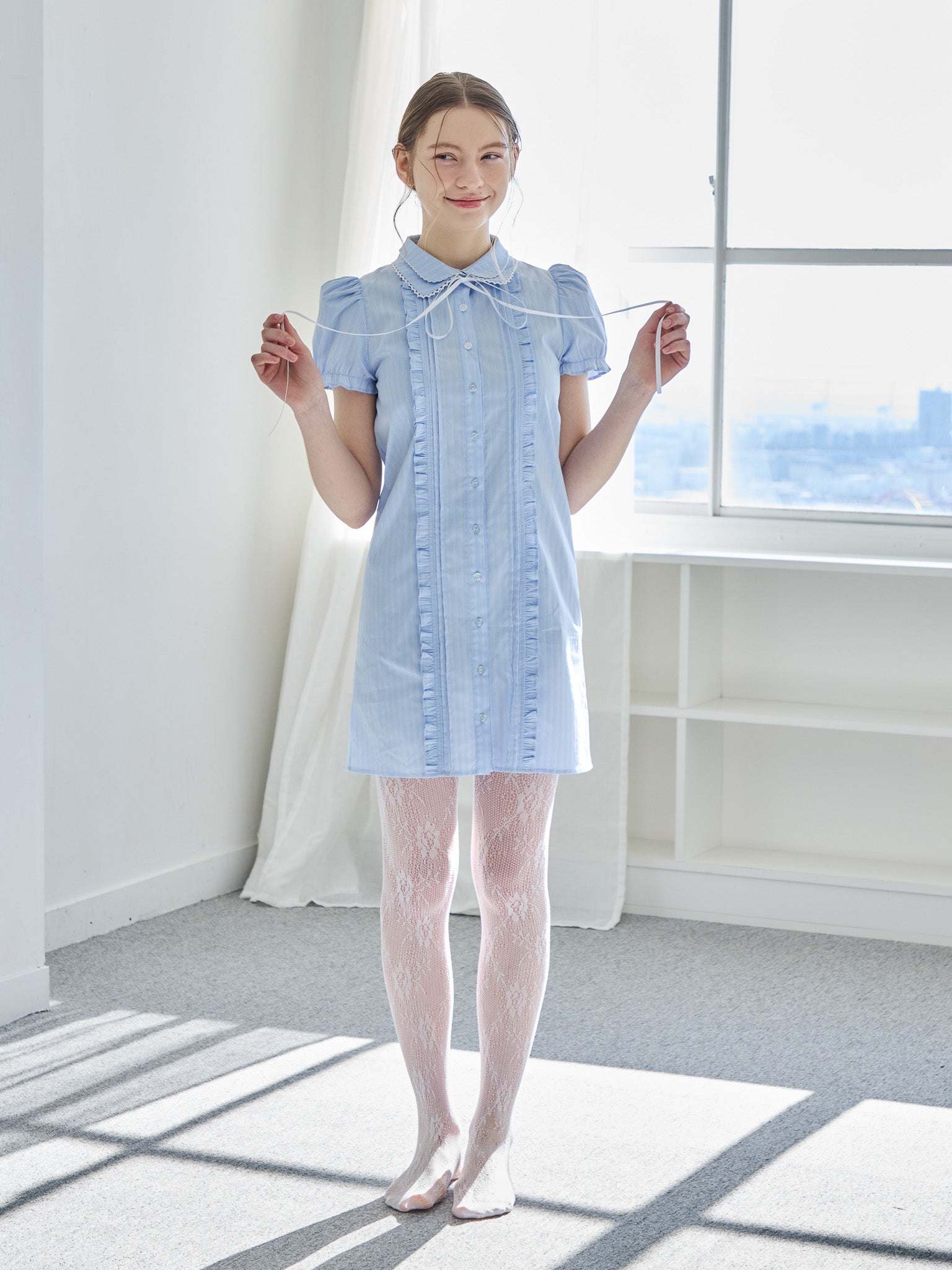 Pintuck mini shirt dress ブルー size:M model:171cm ANIUTA