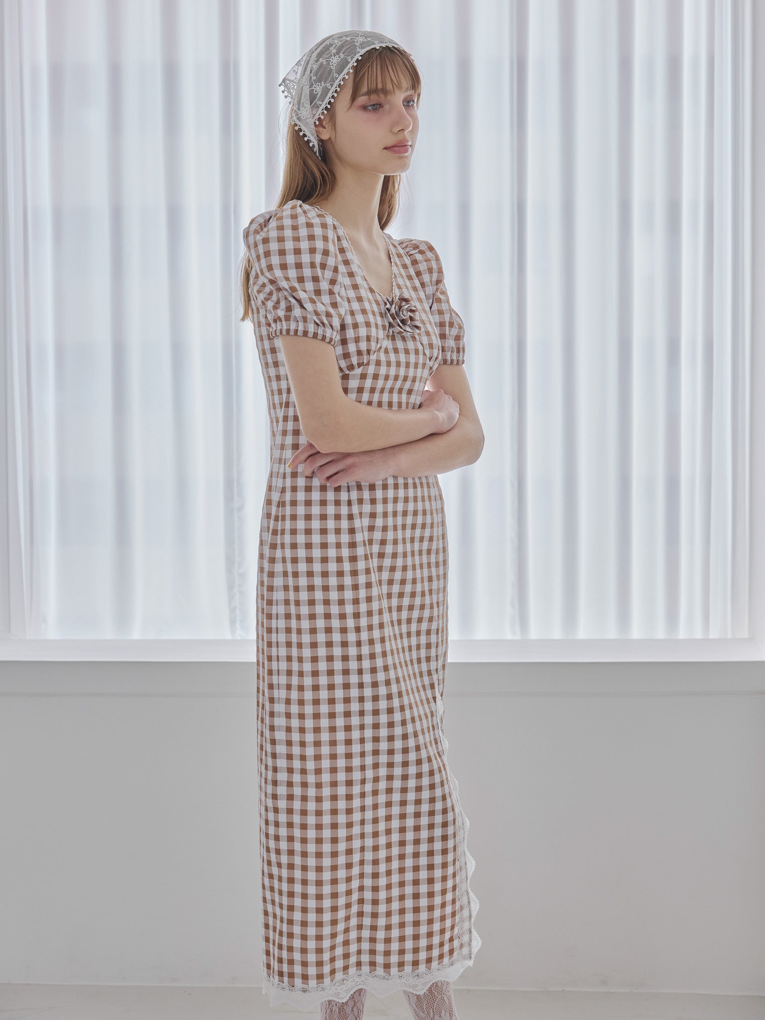 Rose gingham dress モカ size:M model:175cm MARTA