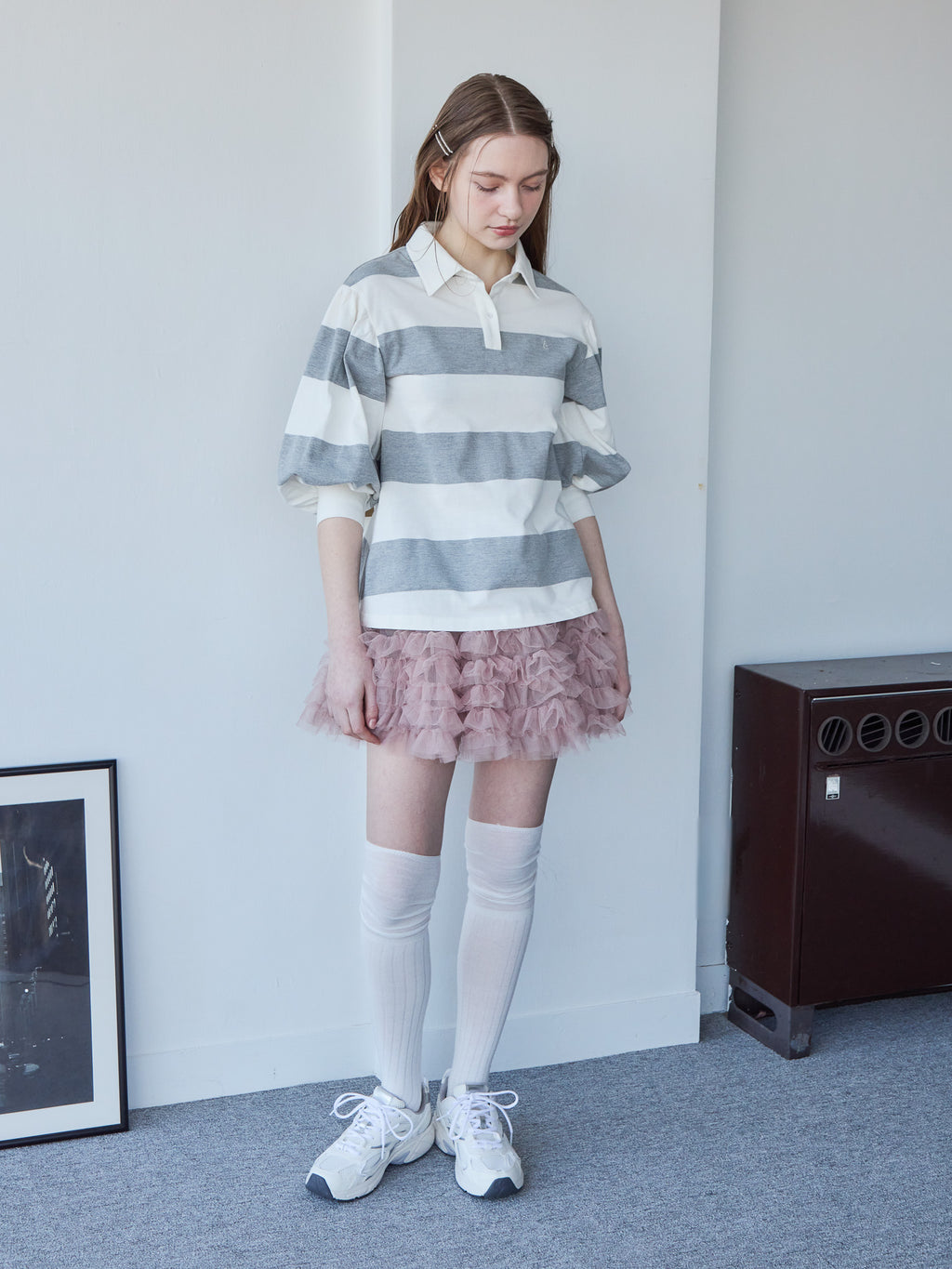Rugby shirt and frill pants skirt グレー size:M model:171cm ANIUTA