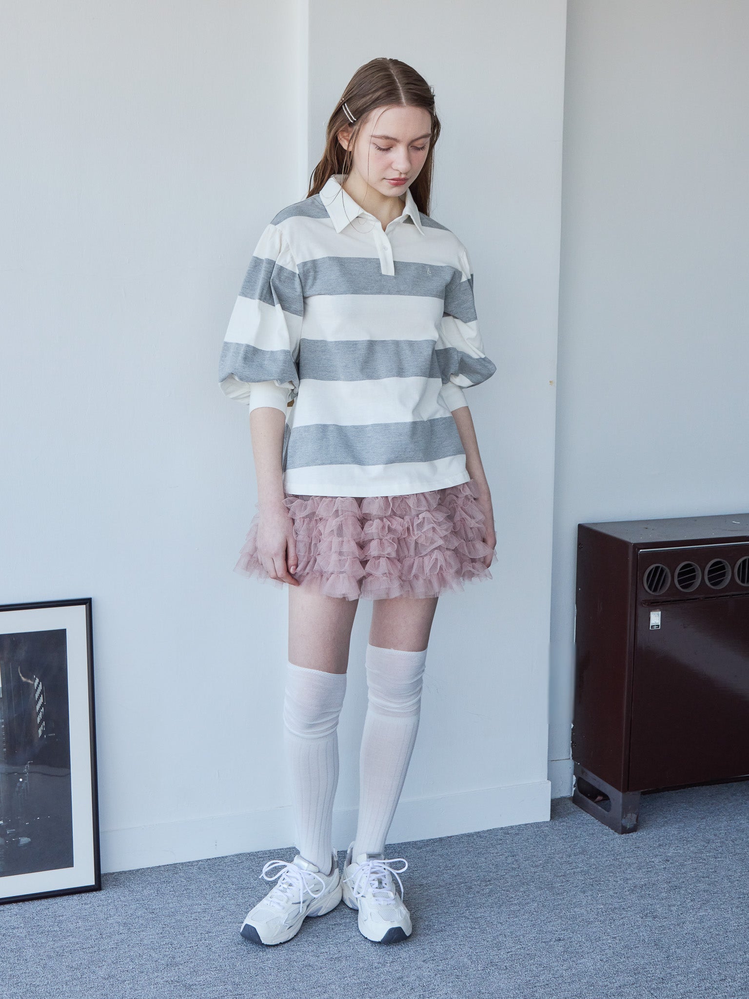 Rugby shirt and frill pants skirt グレー size:M model:171cm ANIUTA