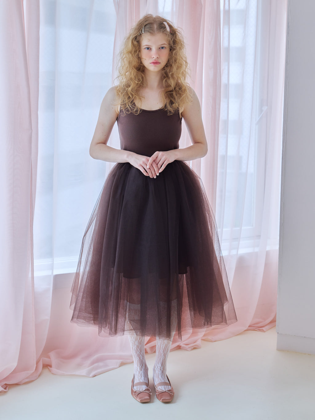 Volume tulle skirt tank dress ブラウン size:M model:173cm Olesia