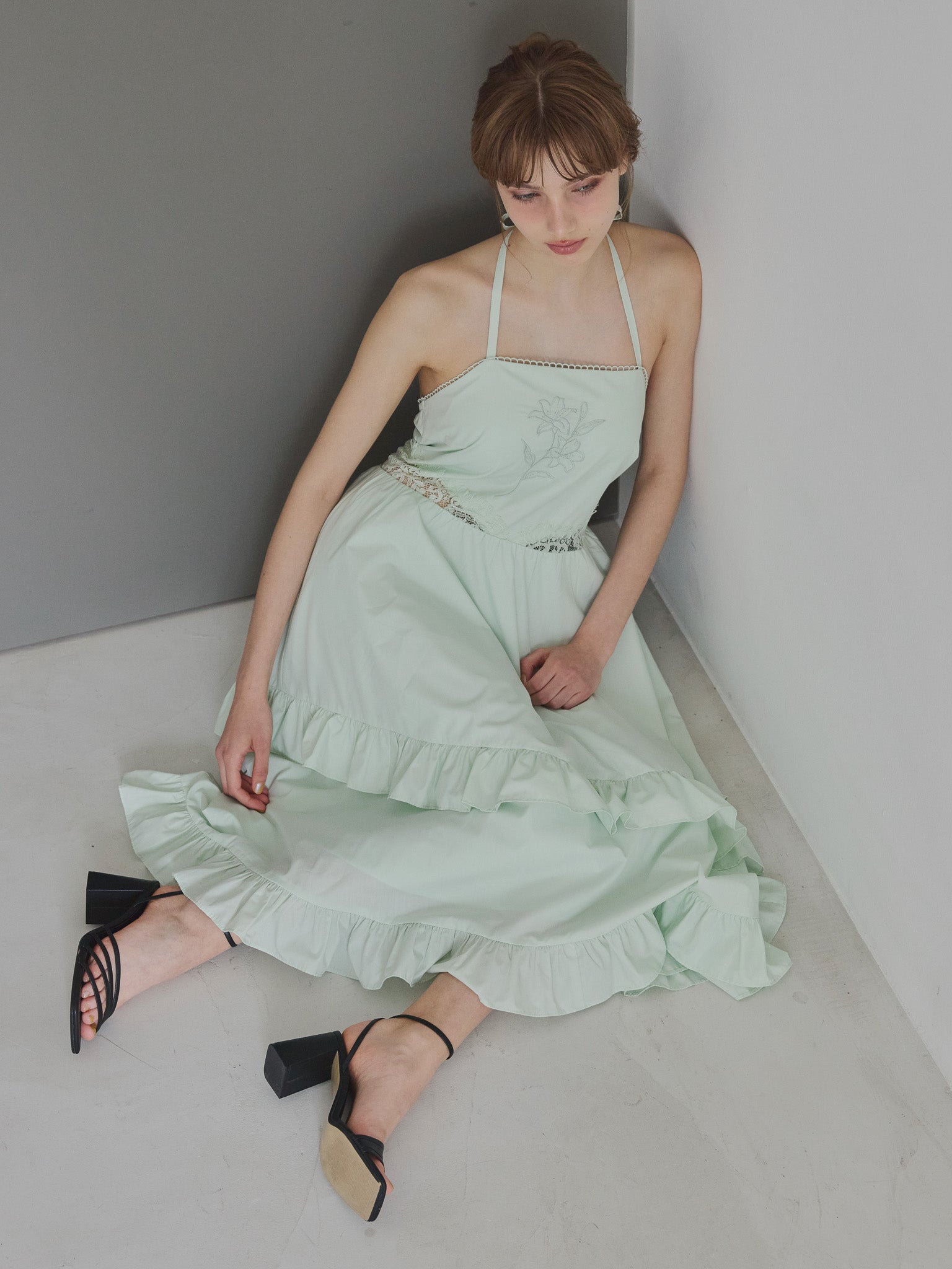 Lily embroidered apron long dress ミント size:M model:175cm MARTA