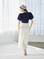 Ribbon embroidered lace tight skirt ホワイト