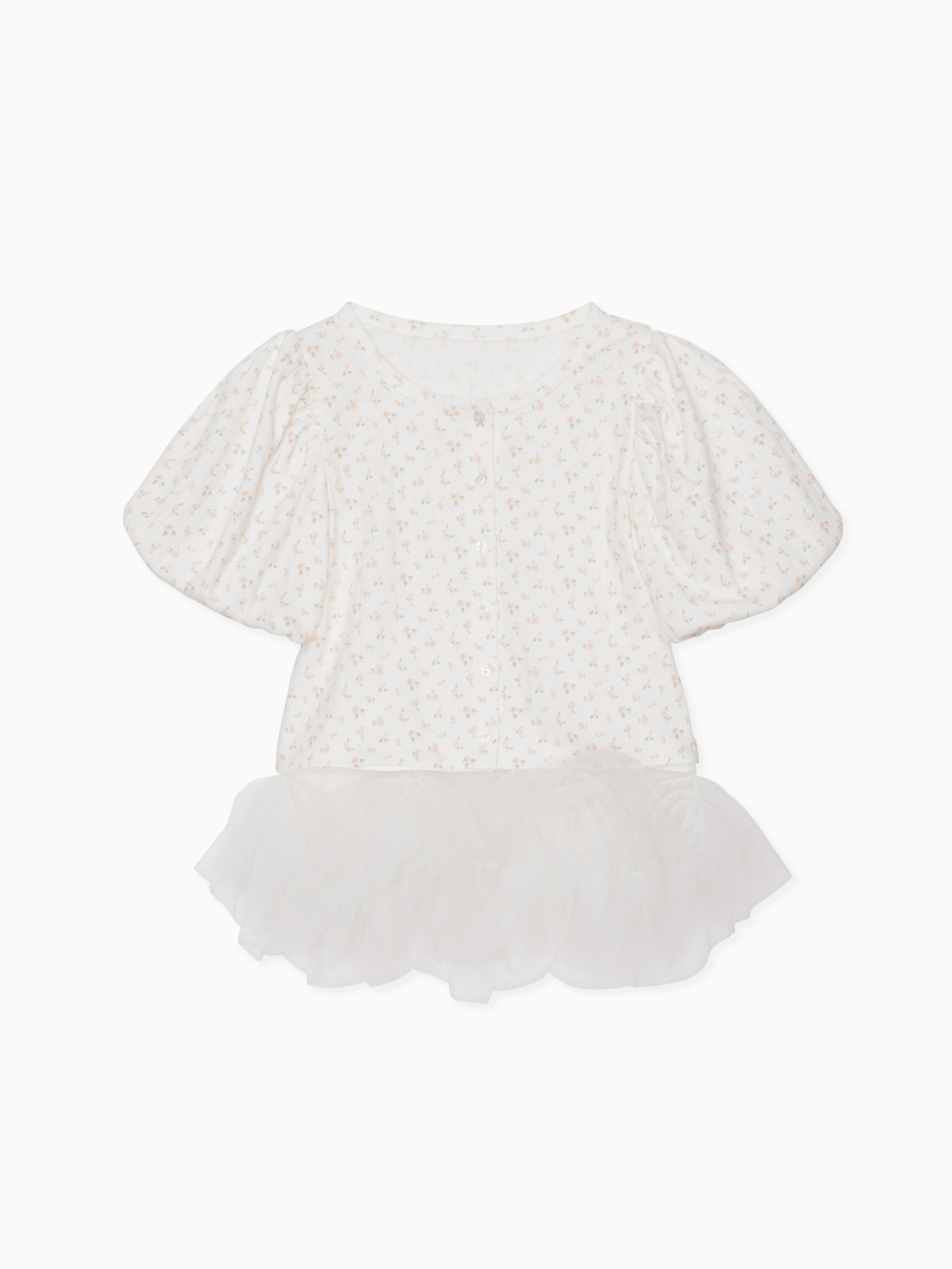 Tulle hem small floral print cardigan アイボリー