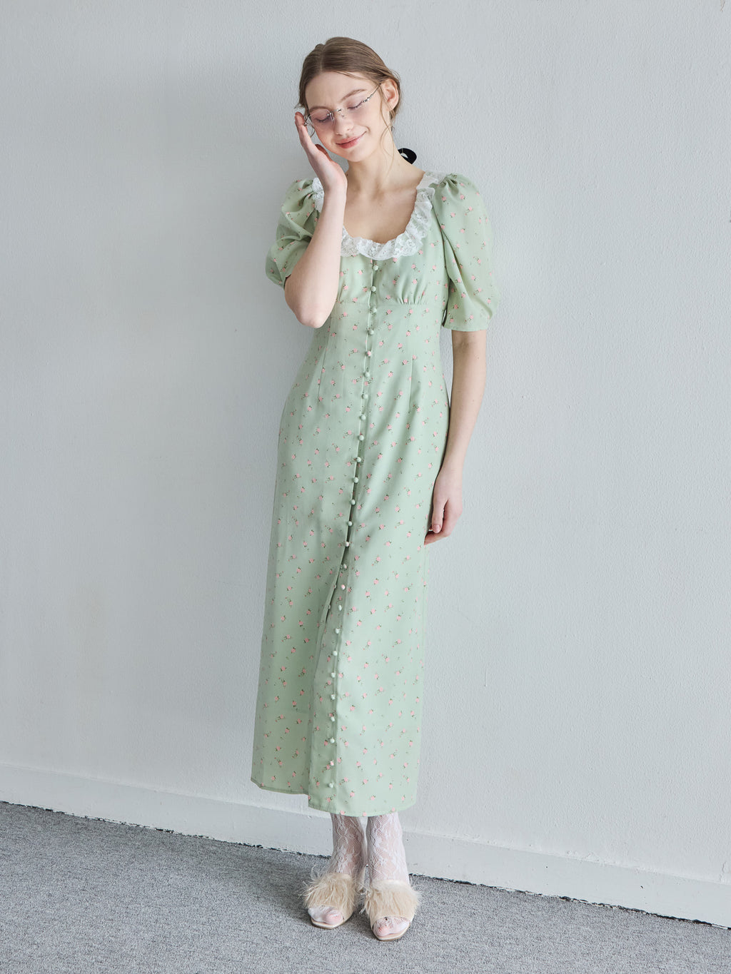 Decollete lace dress ミント size:M model:171cm ANIUTA
