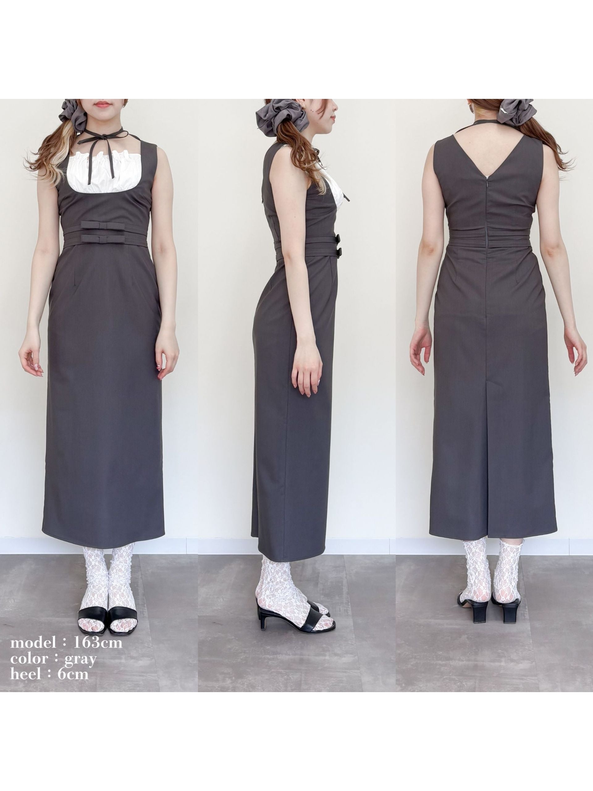 Ribbon waist dress グレー