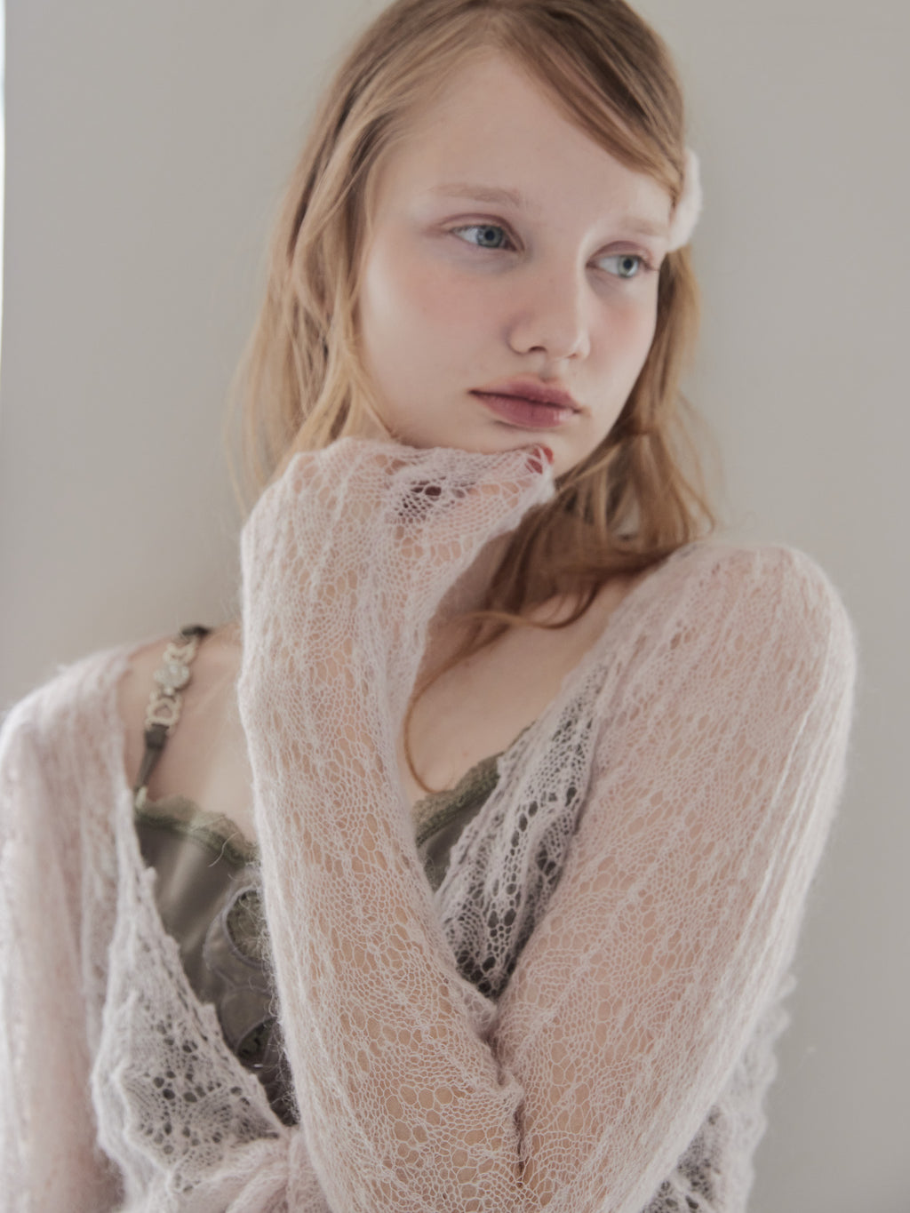 Mohair crochet ribbon cardigan ピンク size:M model:173cm DASHA.G