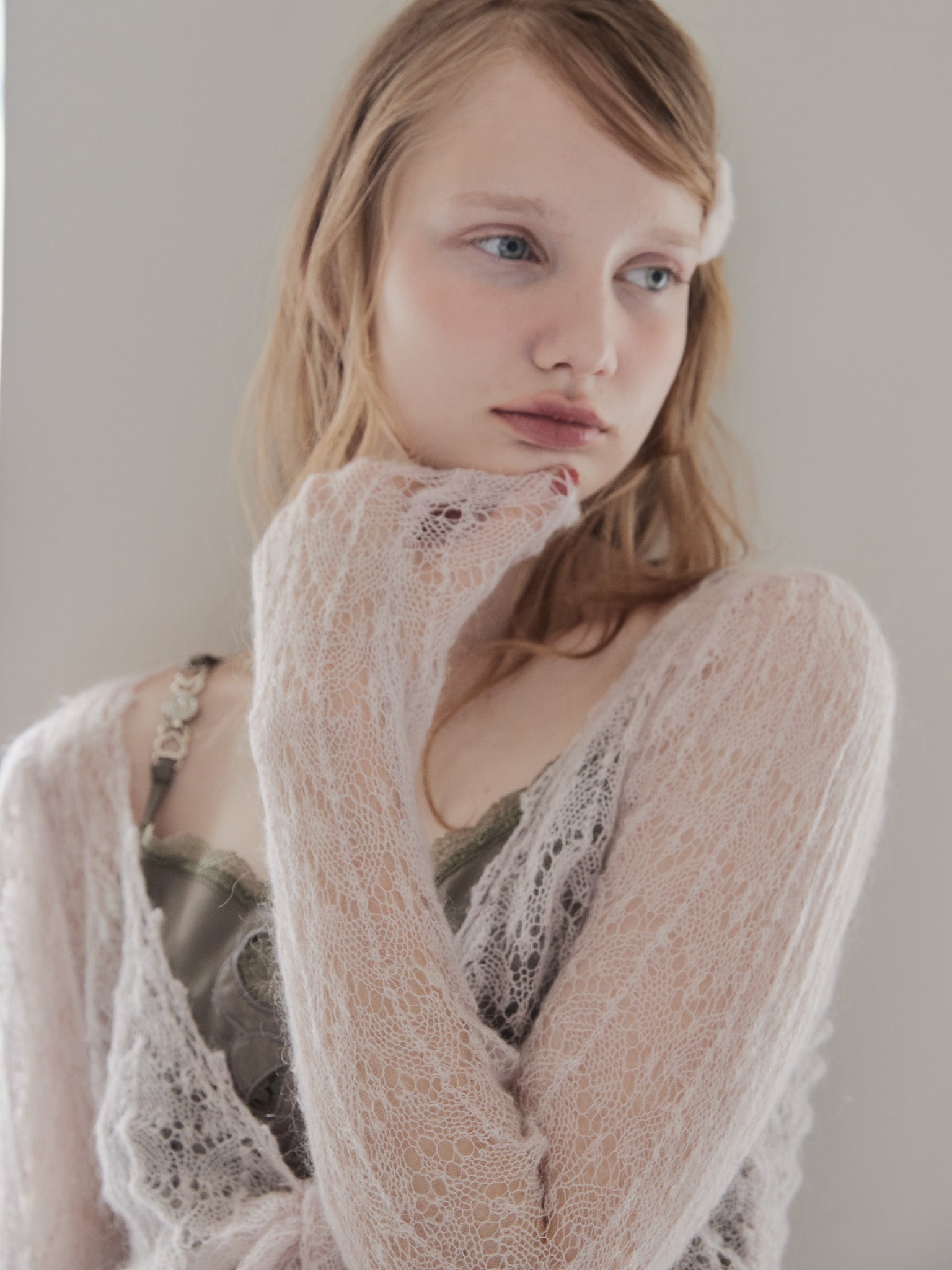 Mohair crochet ribbon cardigan ピンク size:M model:173cm DASHA.G