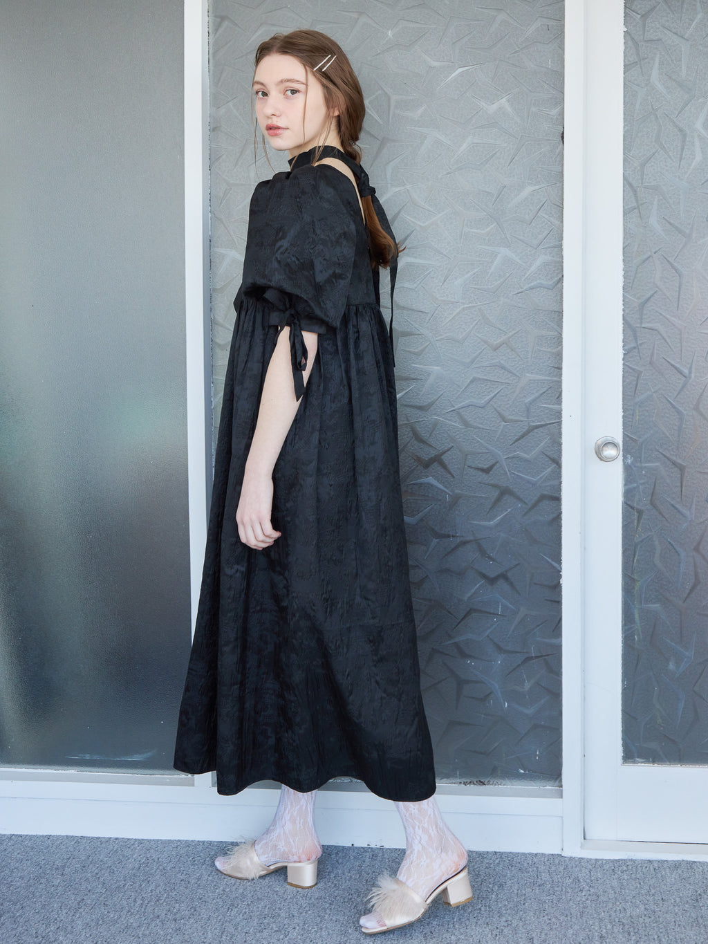 Ribbon jaquard volume dress ブラック size:M model:171cm ANIUTA