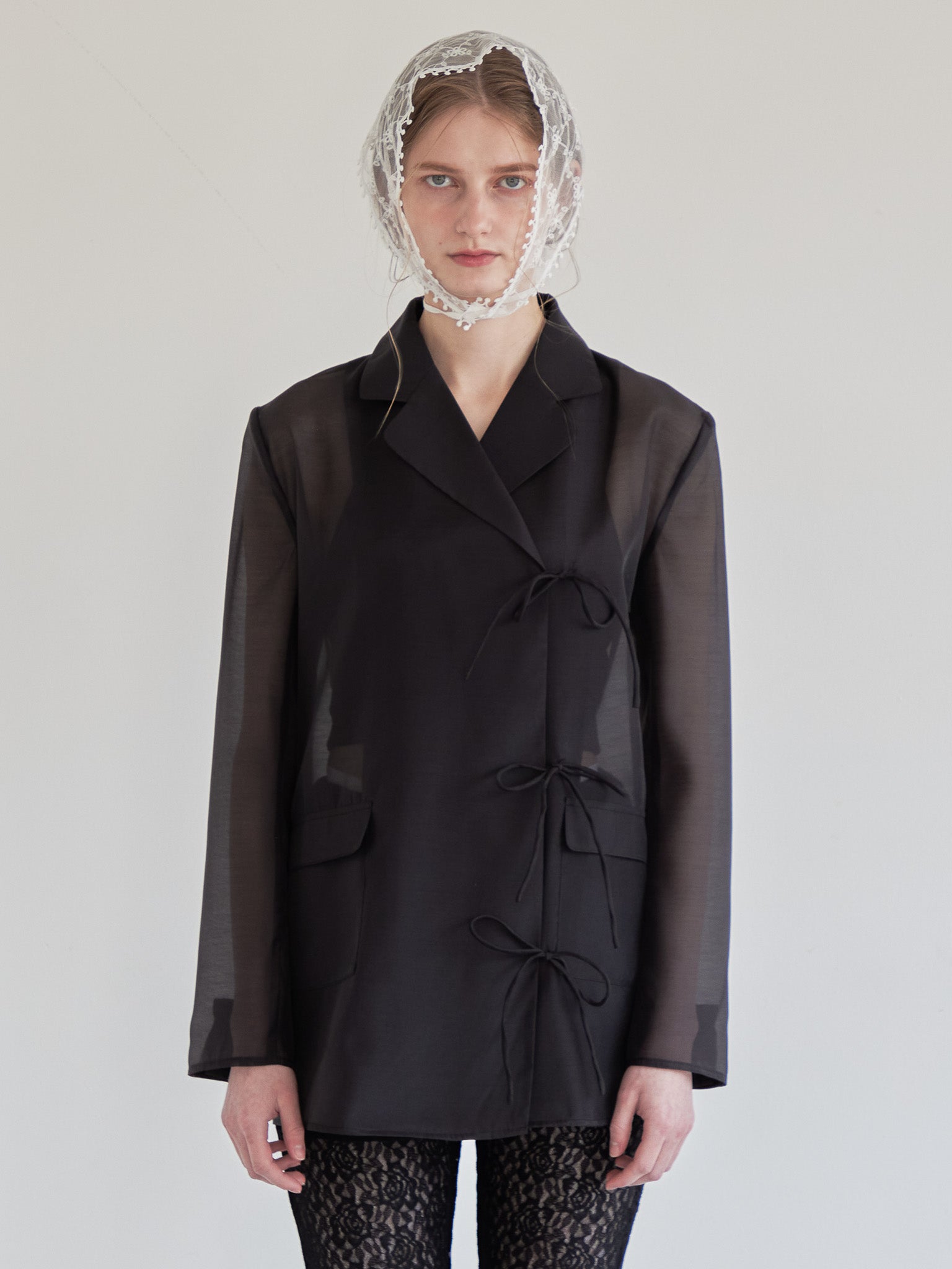 Ribbon sheer jacket ブラック size:M model:174cm LERA