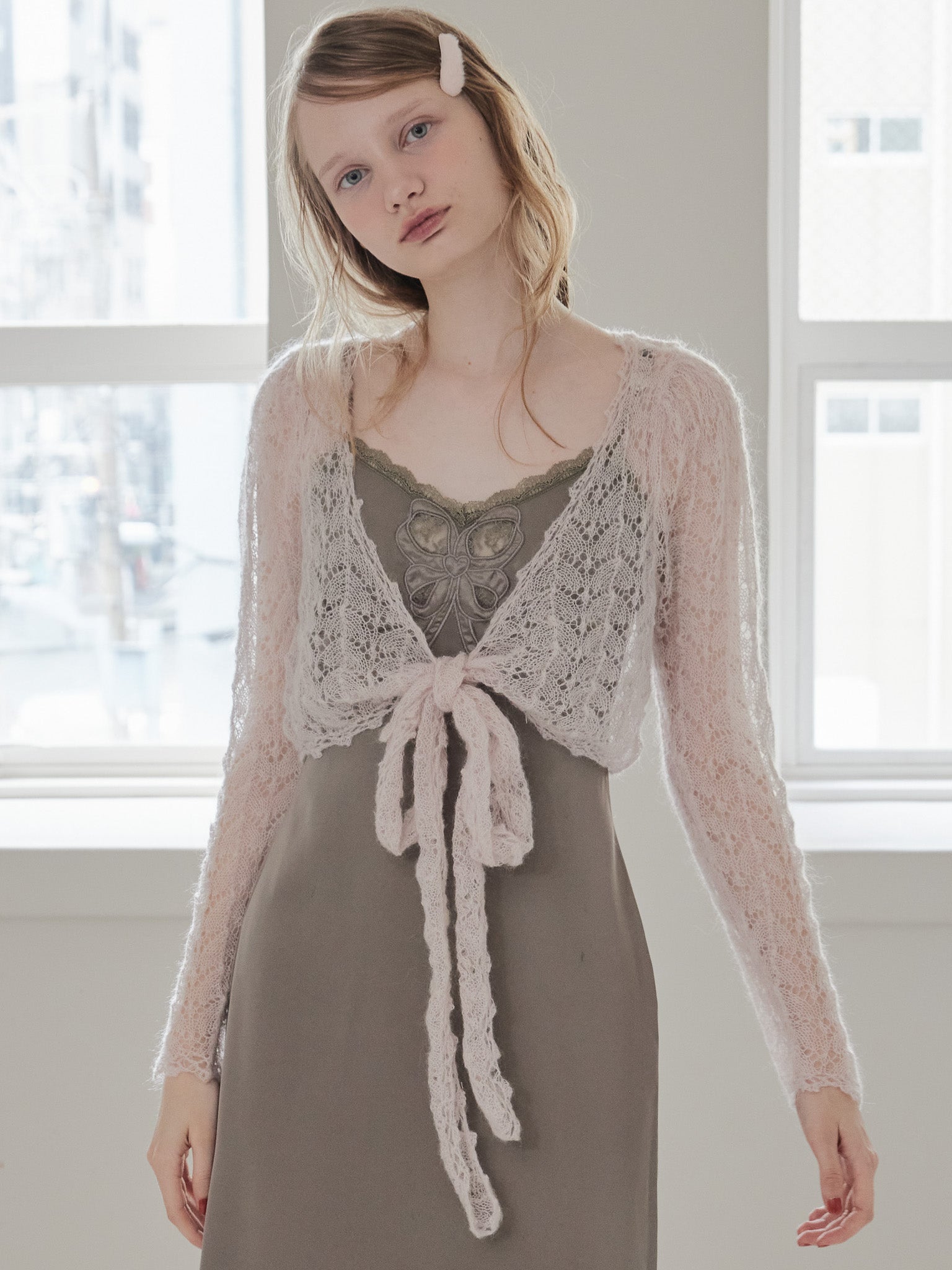 Mohair crochet ribbon cardigan ピンク size:M model:173cm DASHA.G