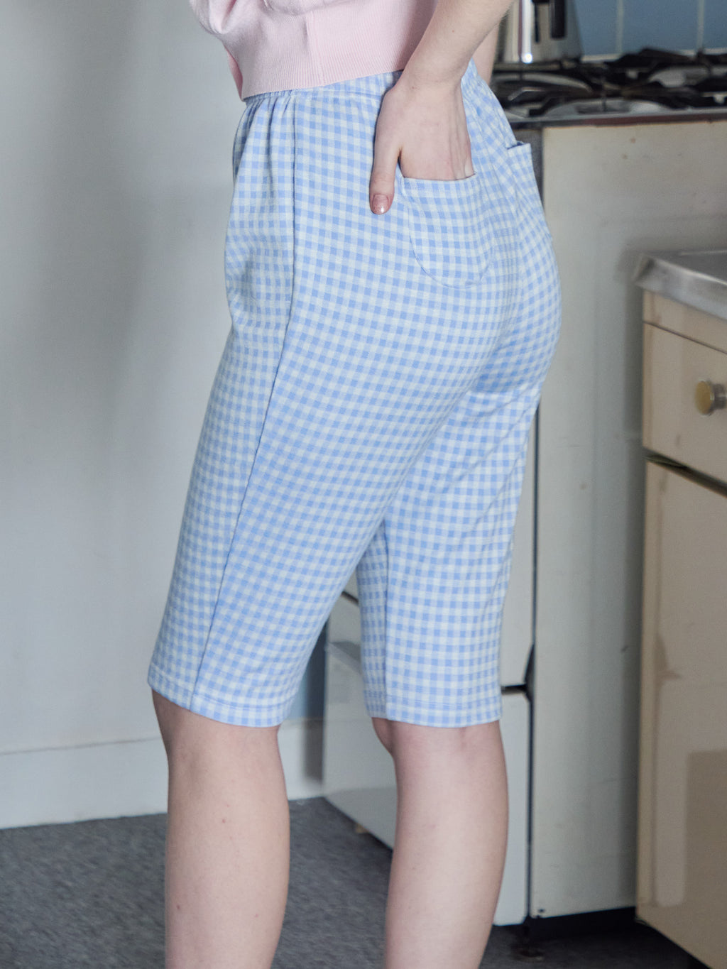 Gingham check sabrina stretch pants ブルー size:M model:171cm ANIUTA