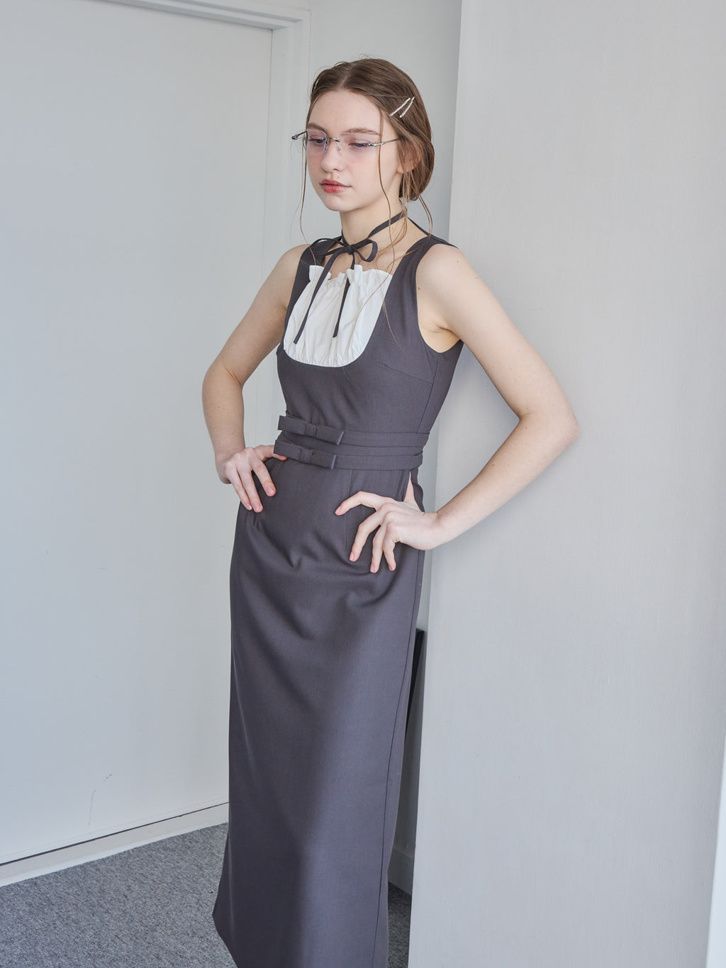Ribbon waist dress グレー size:M model:171cm ANIUTA
