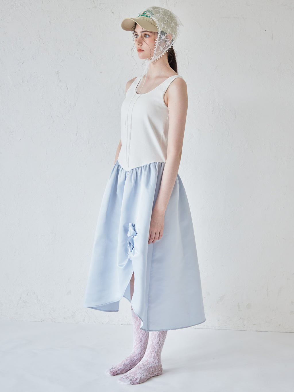 Rose satin docking rib dress ブルー size:M model:170cm ALICE