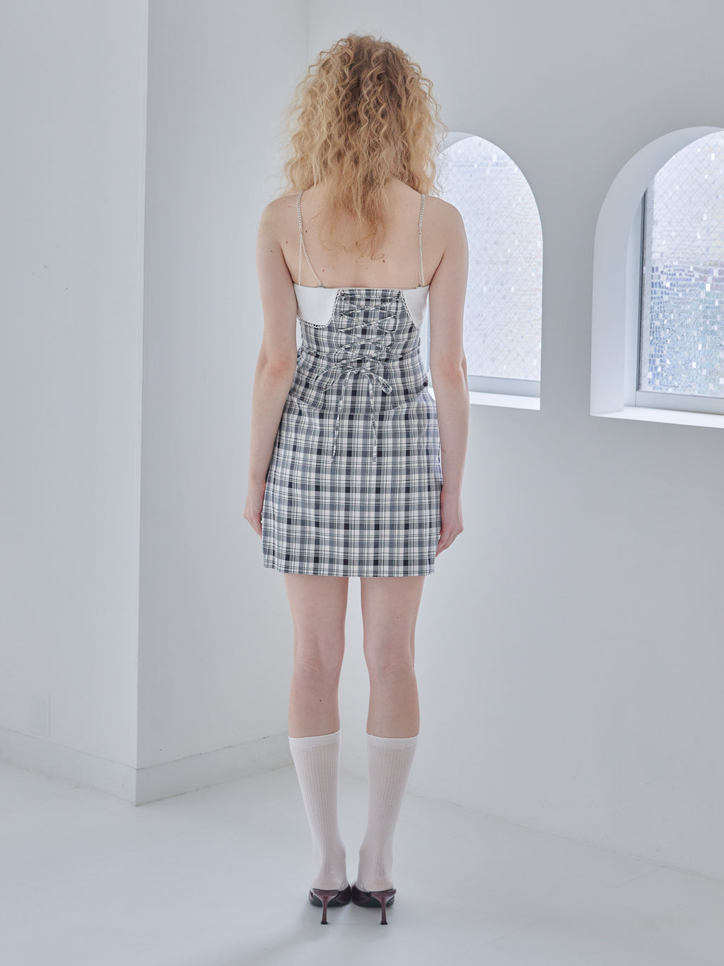 Rhinestone mini dress チェック size:M model:173cm Olesia