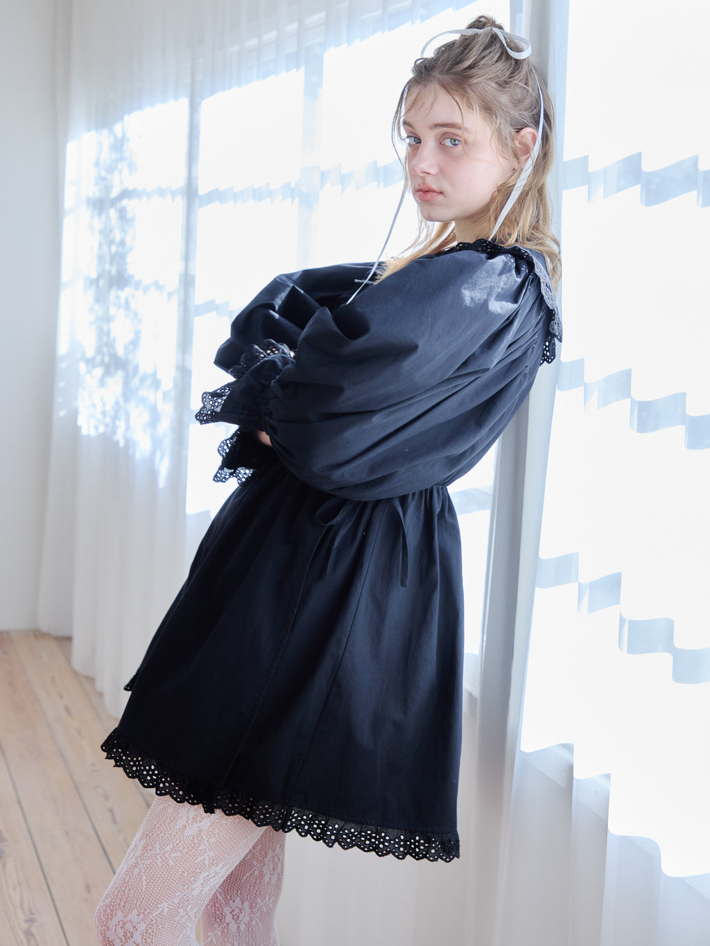 French letter collar wrap mini dress ブラック size:M model:174cm KATERYNA