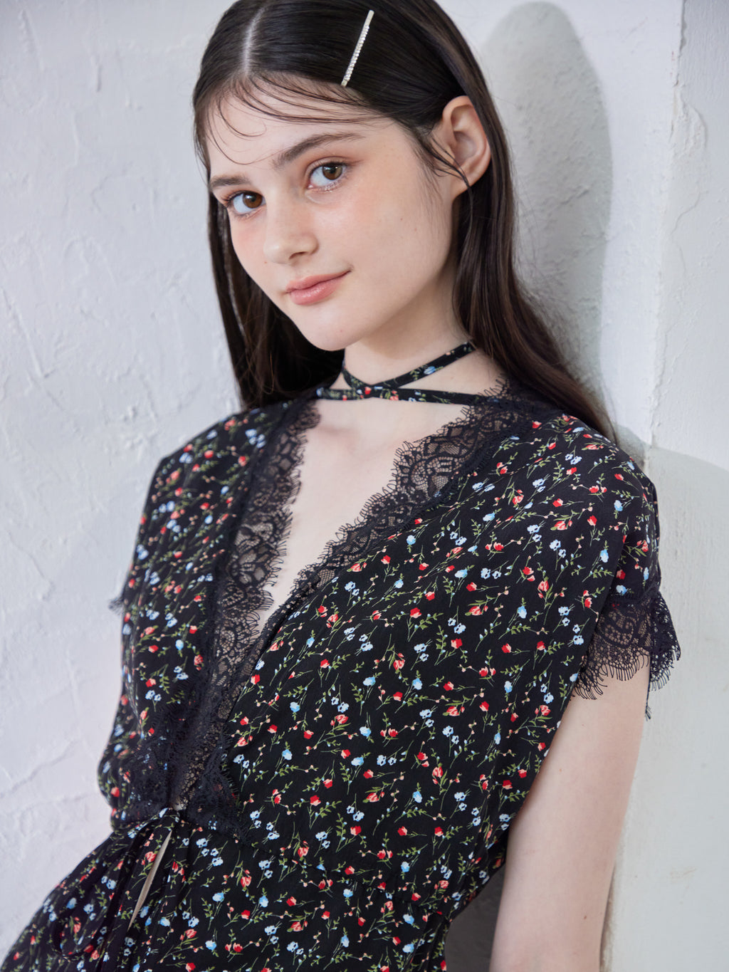 Lace trimming flower dress ブラック size:M model:170cm ALICE