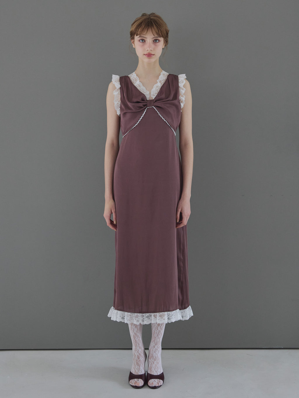Lace trim satin ribbon dress モカ size:M model:175cm MARTA