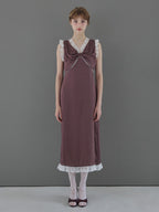 Lace trim satin ribbon dress モカ size:M model:175cm MARTA