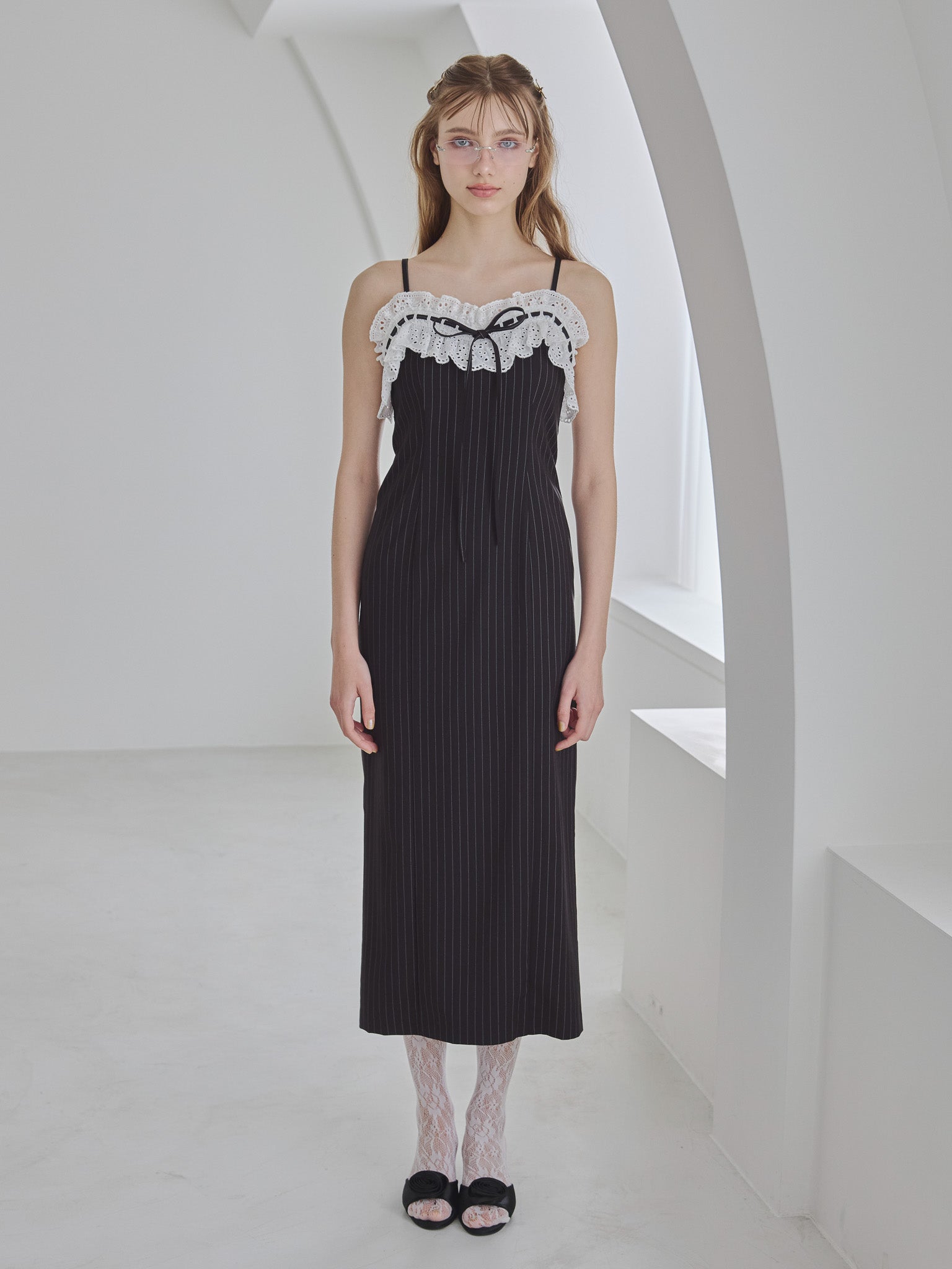 Lace ribbon stripe tight dress ブラック size:M model:175cm MARTA
