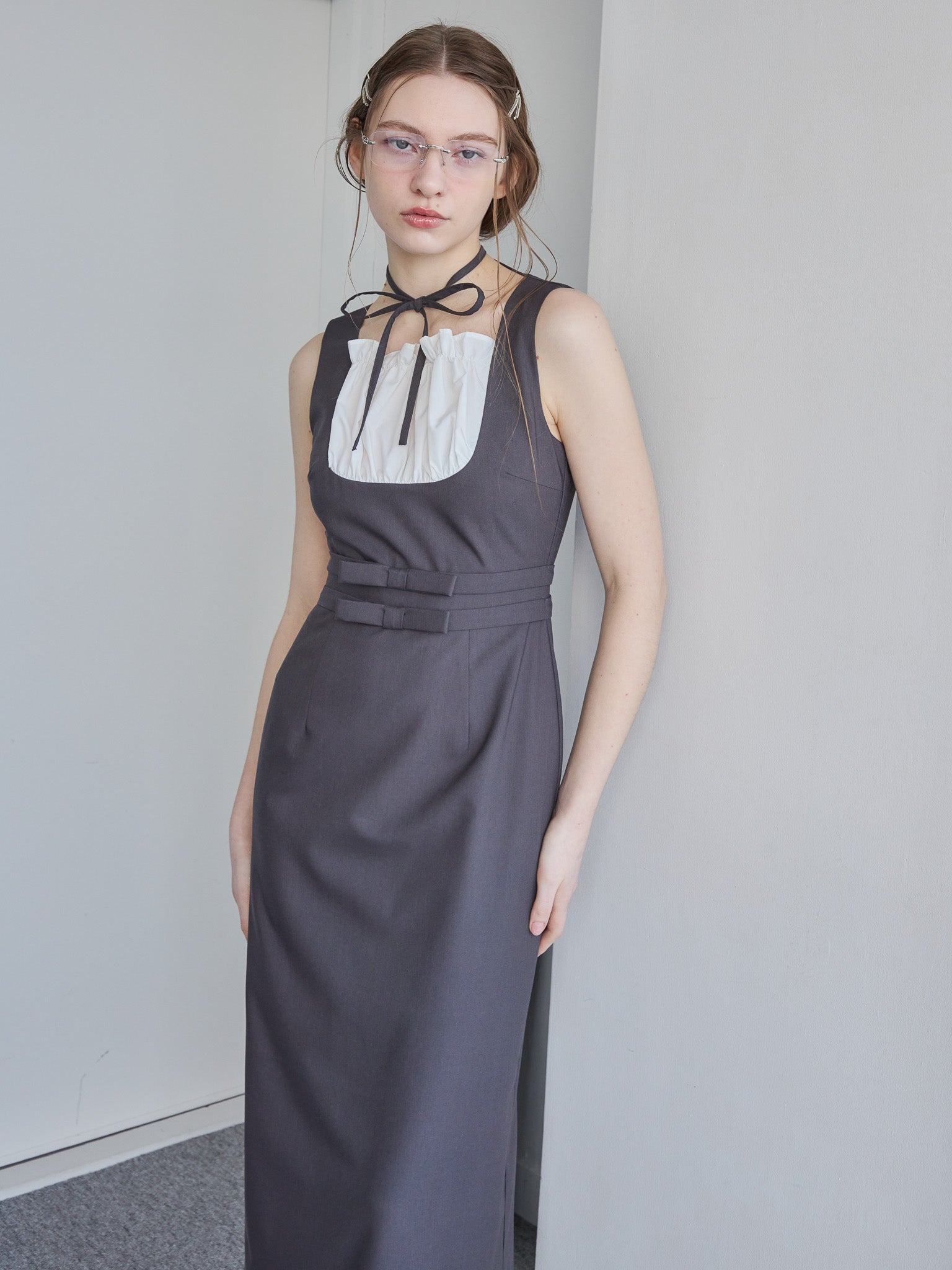 Ribbon waist dress グレー size:M model:171cm ANIUTA