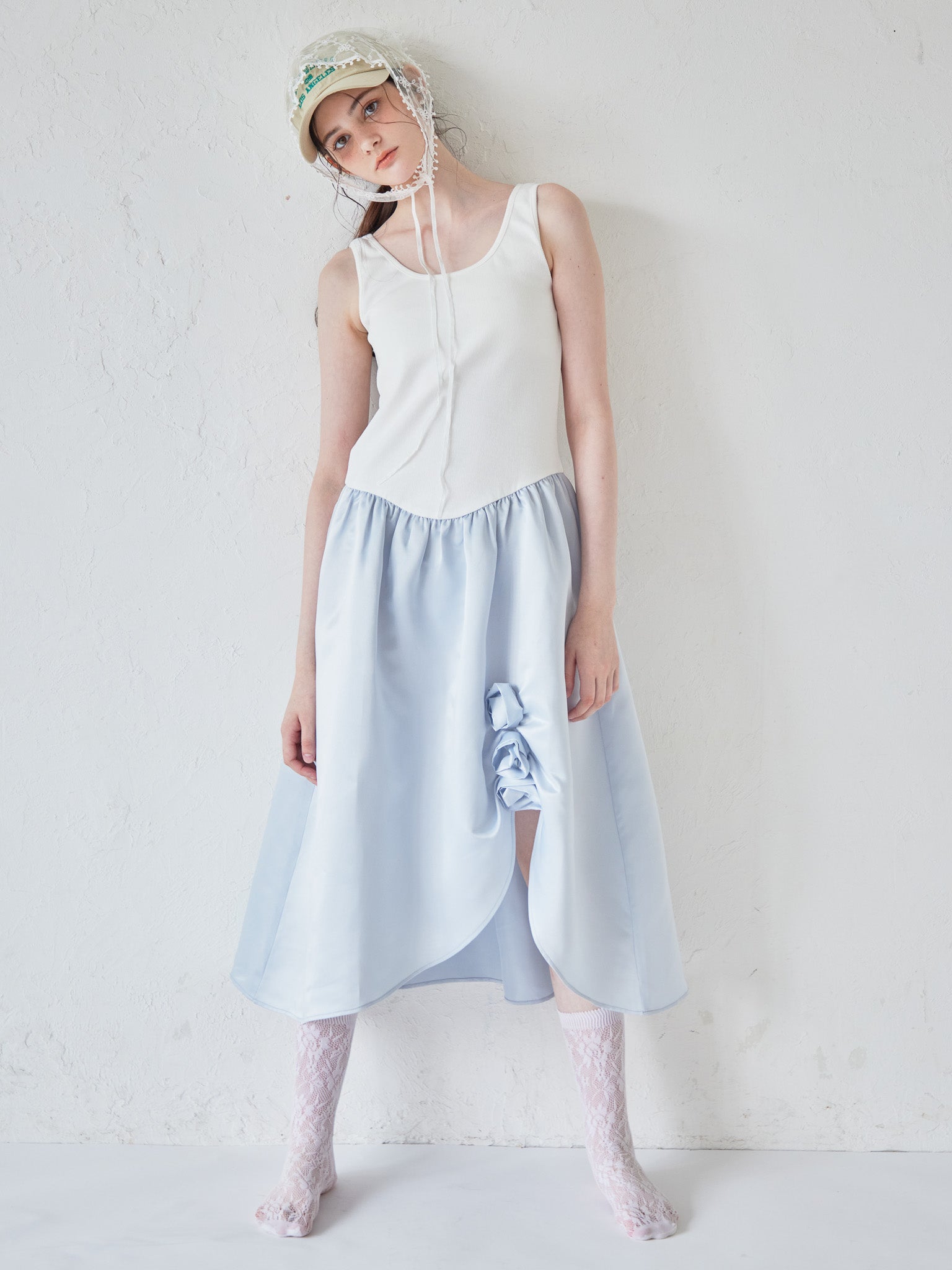 Rose satin docking rib dress ブルー size:M model:170cm ALICE