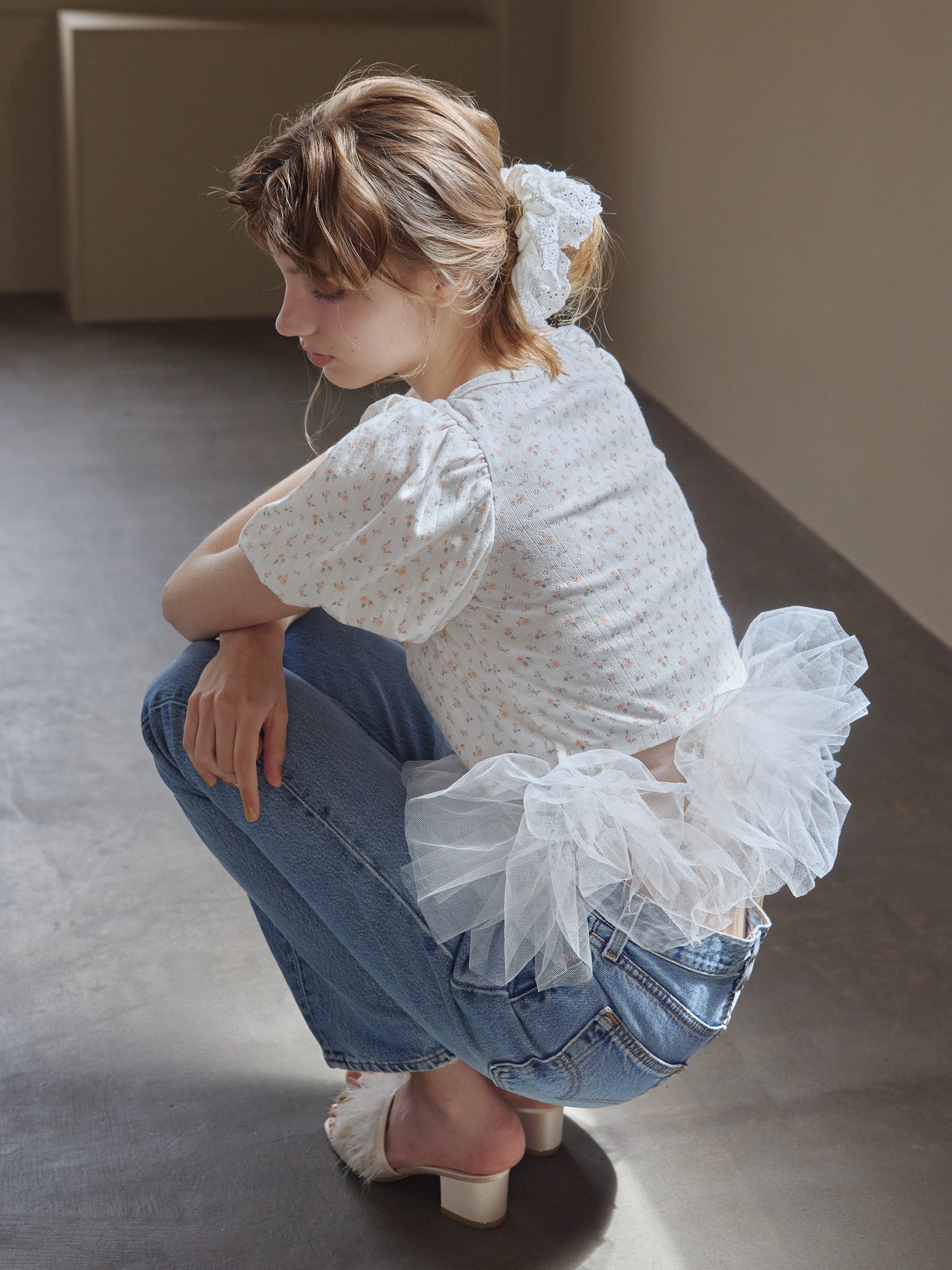 Tulle hem small floral print cardigan アイボリー size:M model:175cm MARTA