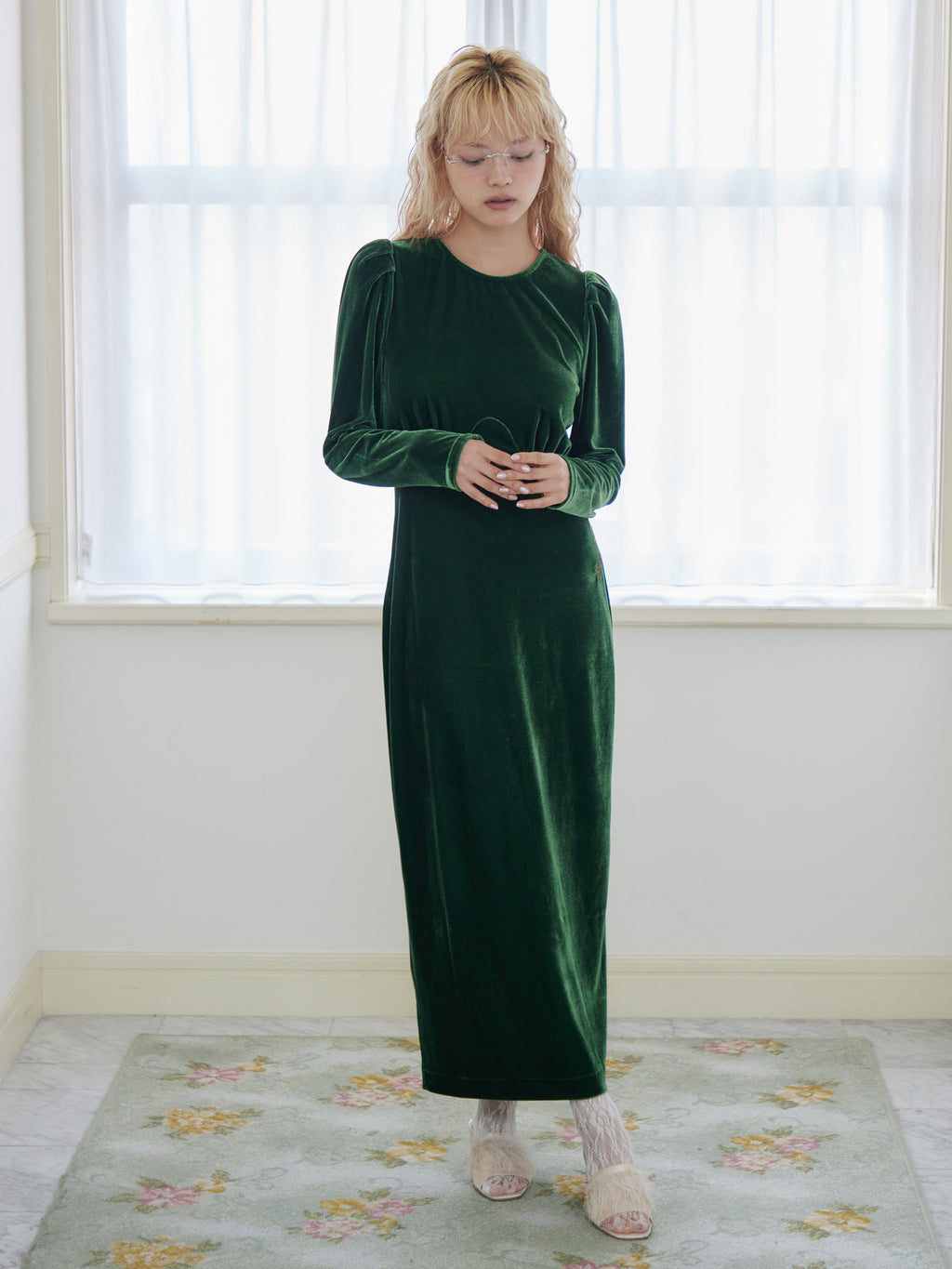 Ribbon embroidered velour dress & tippet グリーン size:M model:163cm MINAMI