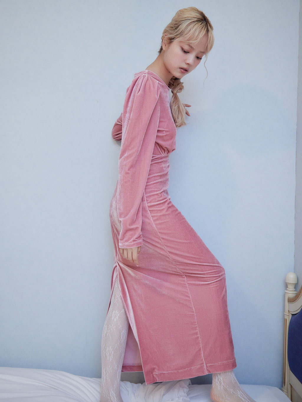 Ribbon embroidered velour dress & tippet ピンク size:M model:163cm MINAMI