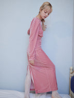 Ribbon embroidered velour dress & tippet ピンク size:M model:163cm MINAMI