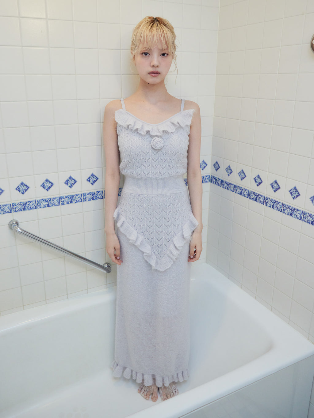 Mohair crochet cami dress ライトグレー size:M model:163cm MINAMI