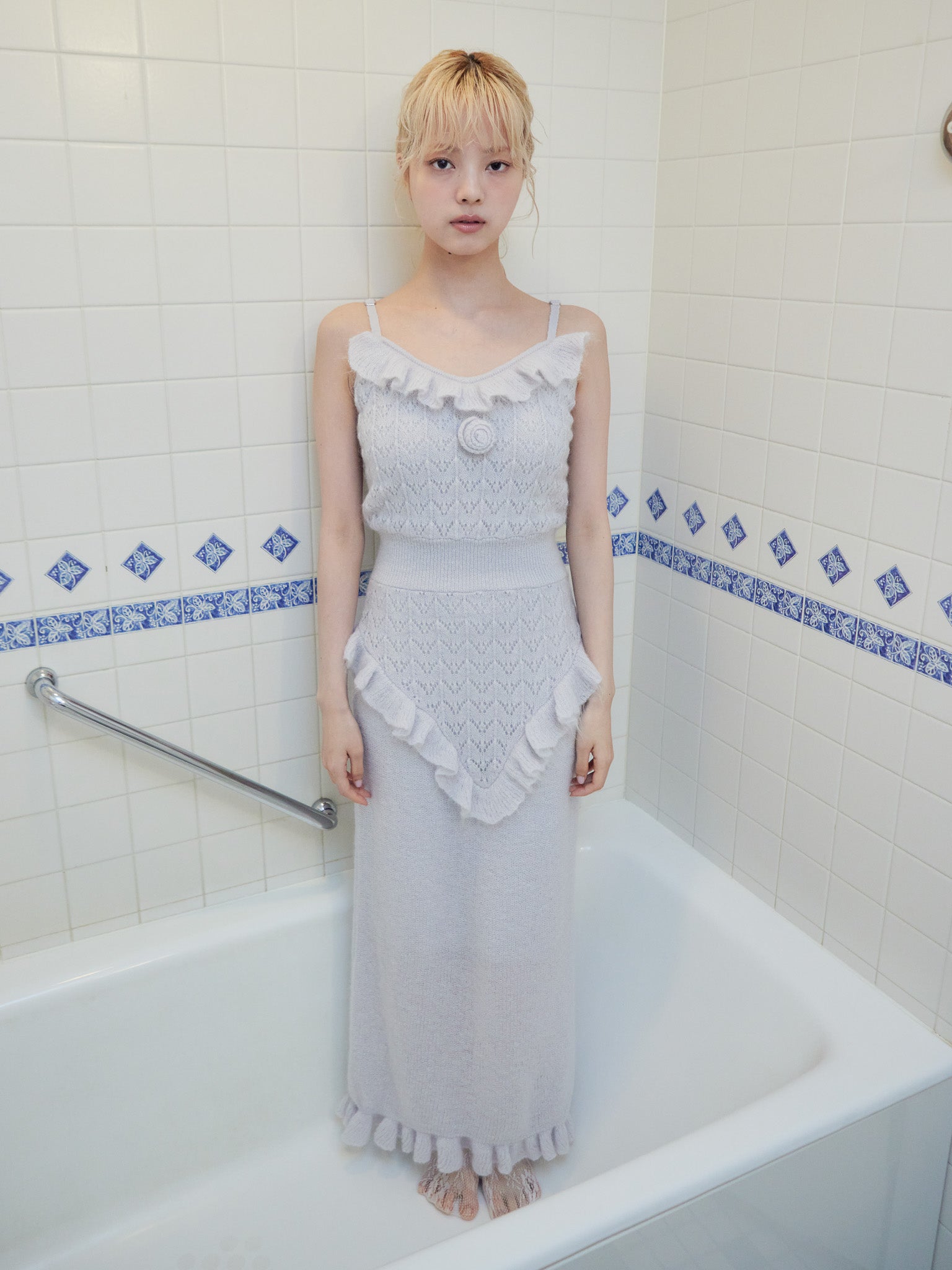 Mohair crochet cami dress ライトグレー size:M model:163cm MINAMI