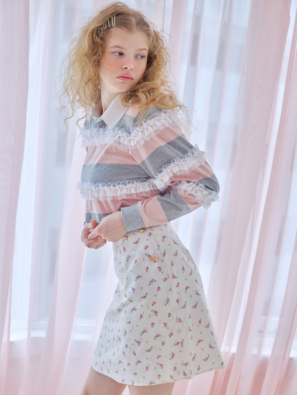 Balloon hem rugby shirt ピンク size:M model:173cm Olesia