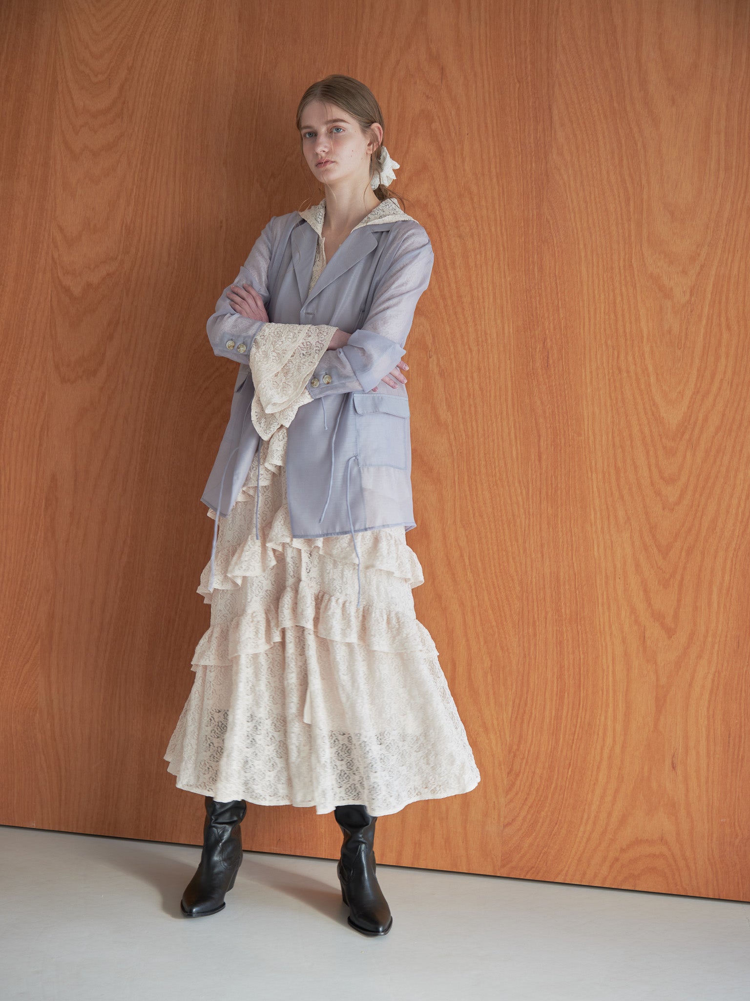 Ribbon sheer jacket グレー size:M model:174cm LERA