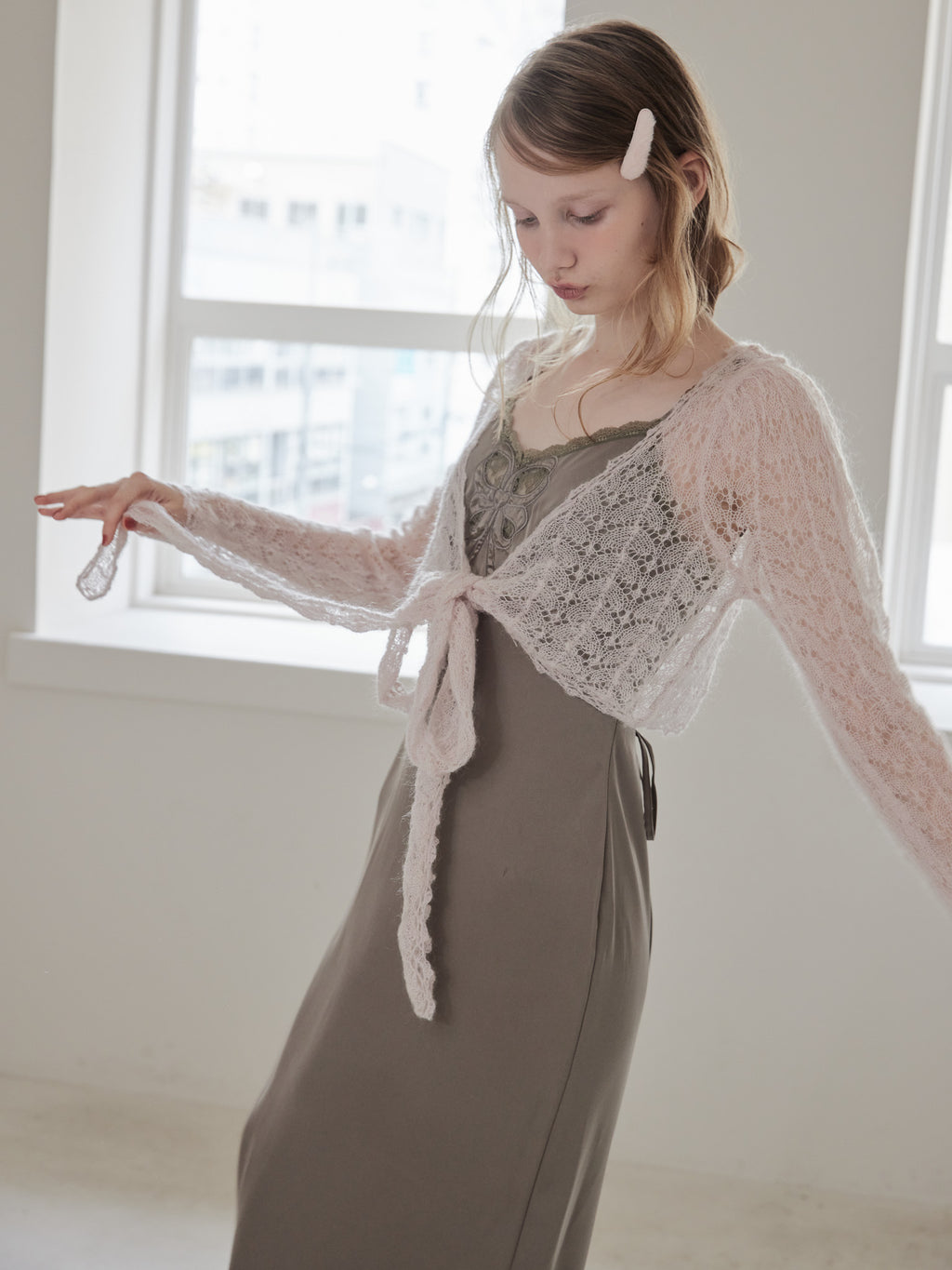 Mohair crochet ribbon cardigan ピンク size:M model:173cm DASHA.G