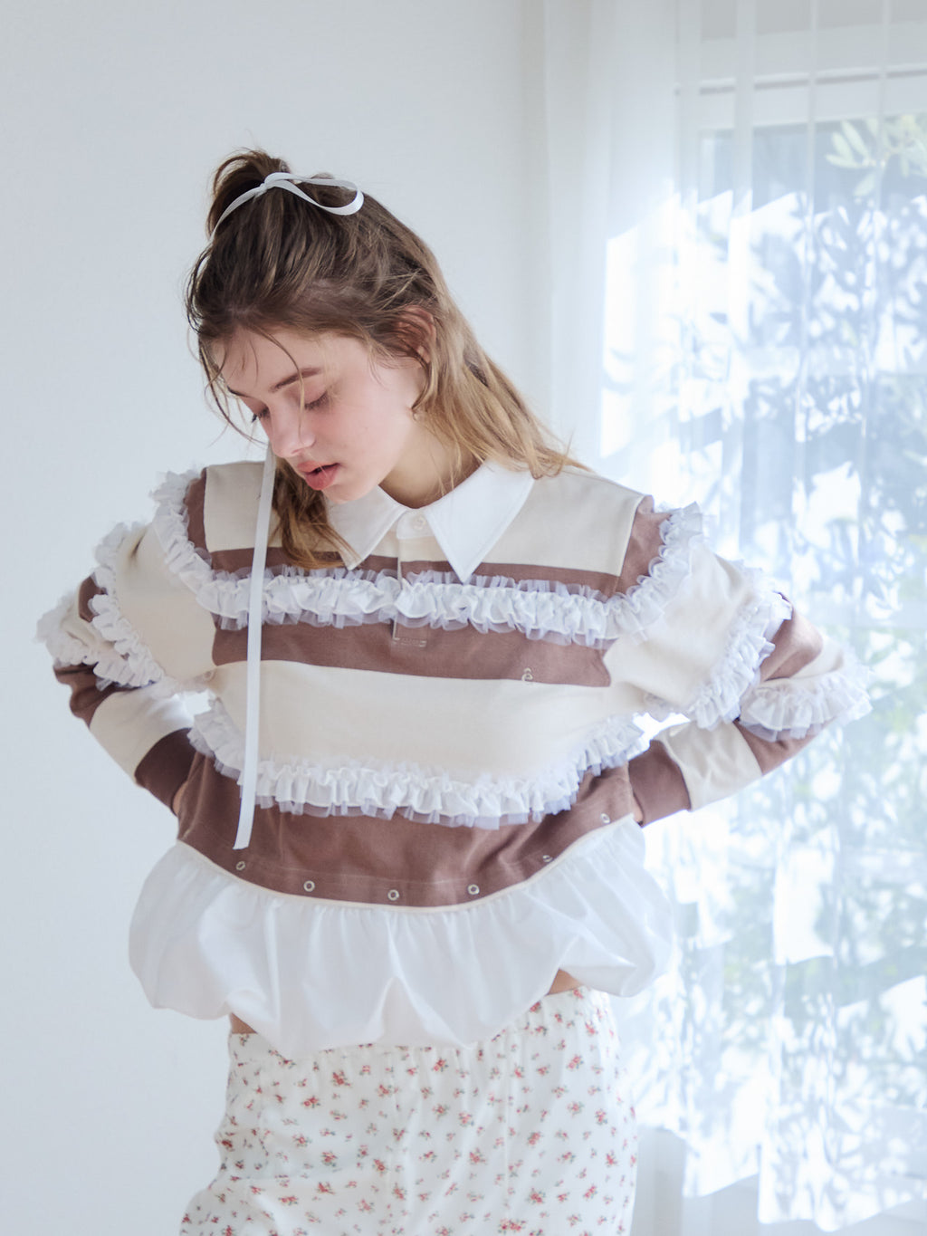 Balloon hem rugby shirt モカ size:M model:174cm KATERYNA