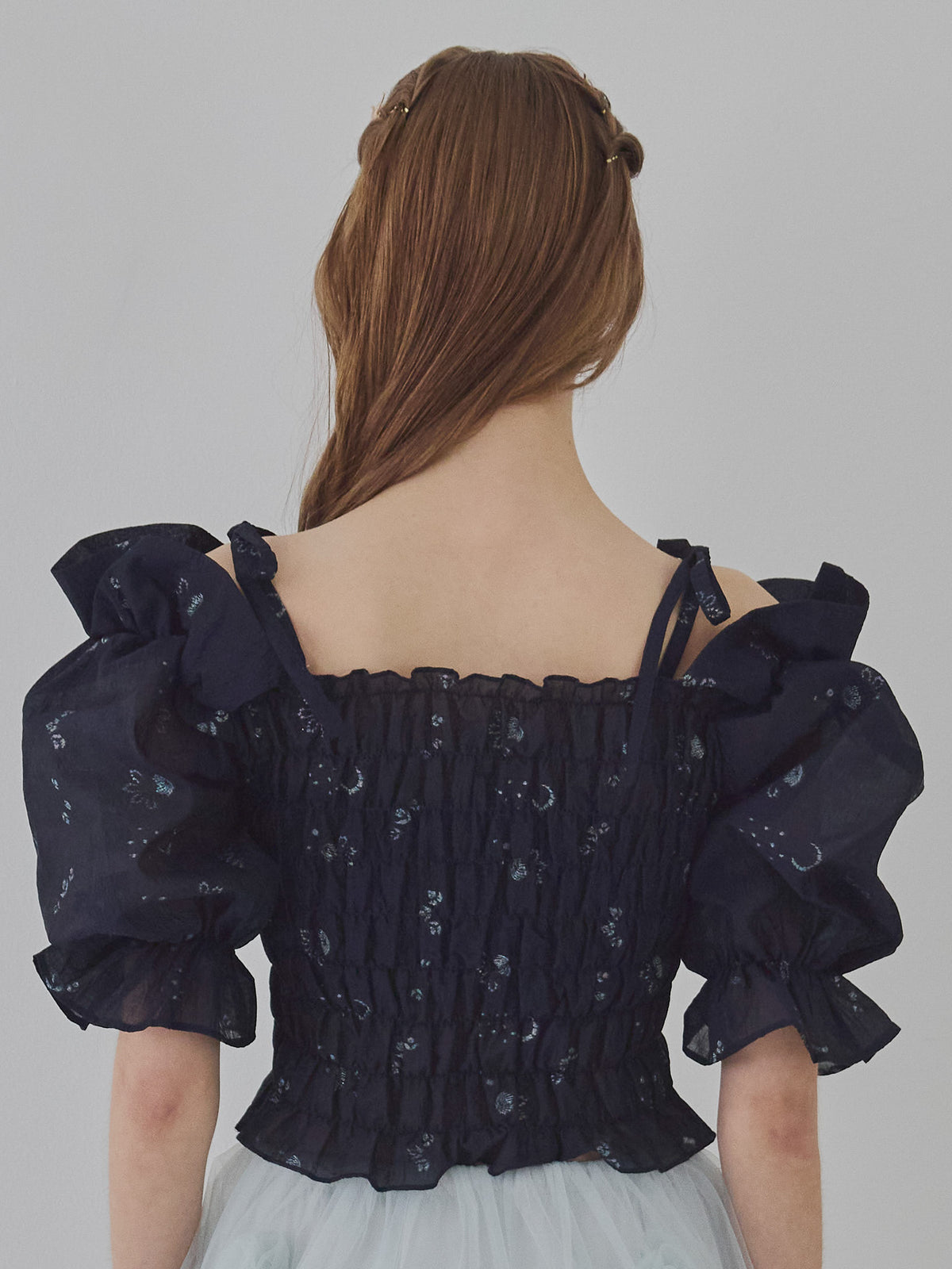 Sheer jacquard off shoulder blouse ネイビー size:M model:175cm MARTA