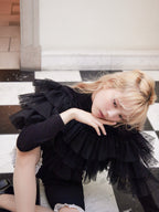 Dot tulle ruffle & knit top set ブラック size:M model:163cm MINAMI
