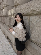 Dot tulle ruffle & knit top set ベージュ