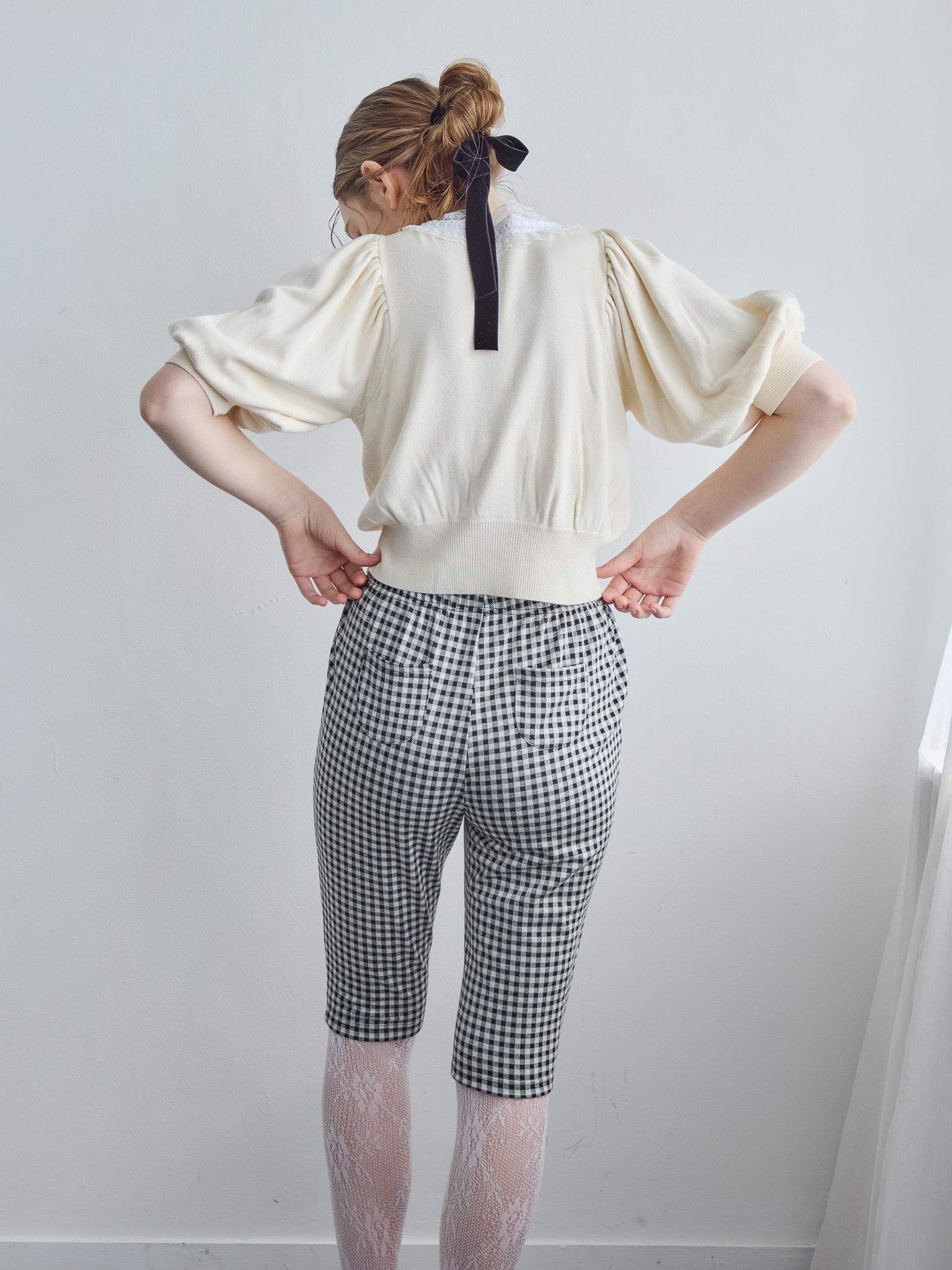 Gingham check sabrina stretch pants ブラック size:M model:171cm ANIUTA